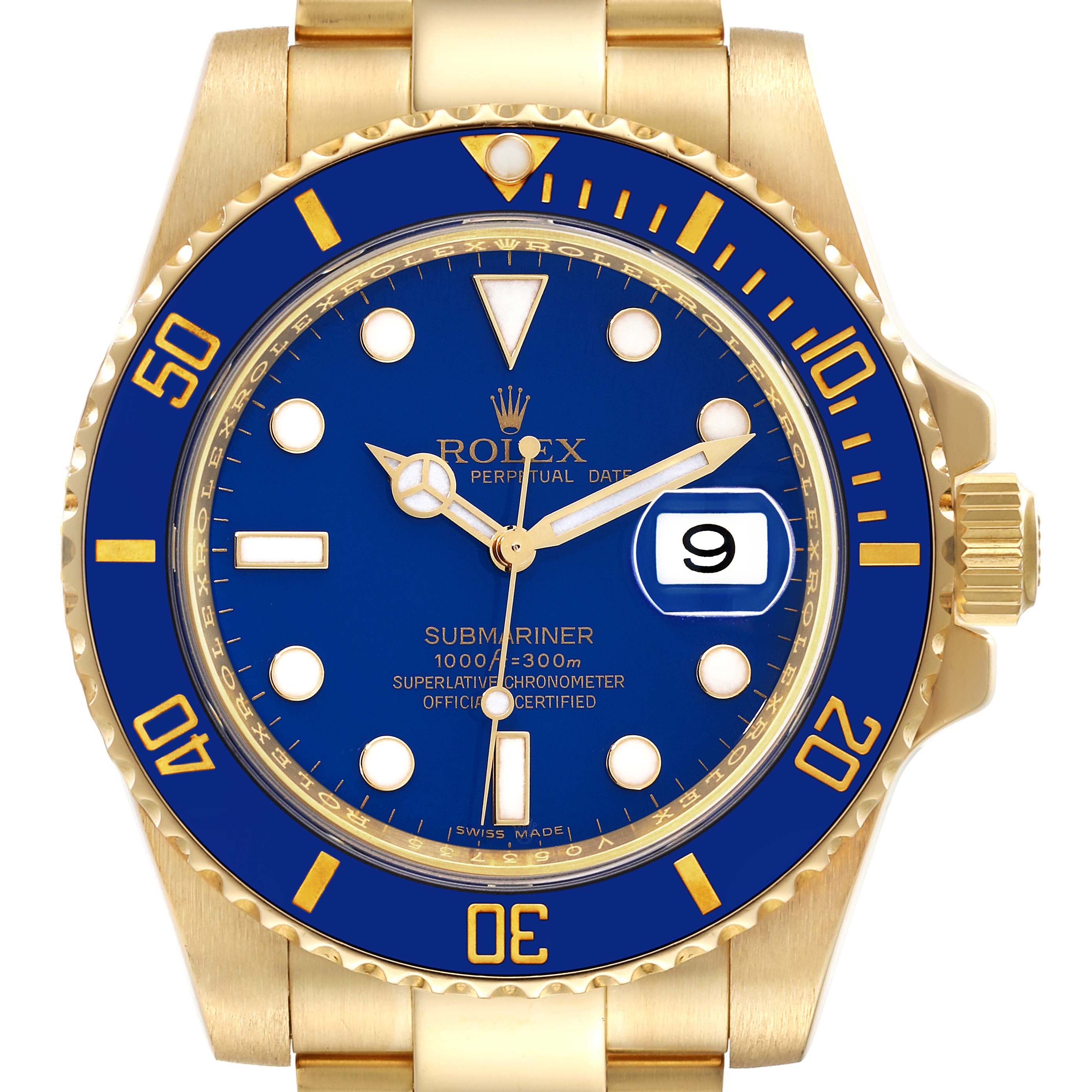 This image shows a front view of the Rolex Submariner 116618 Men's Yellow Gold Blue Dial 116618 Men's Yellow Gold Blue Dial watch with a gold case and blue bezel and dial.