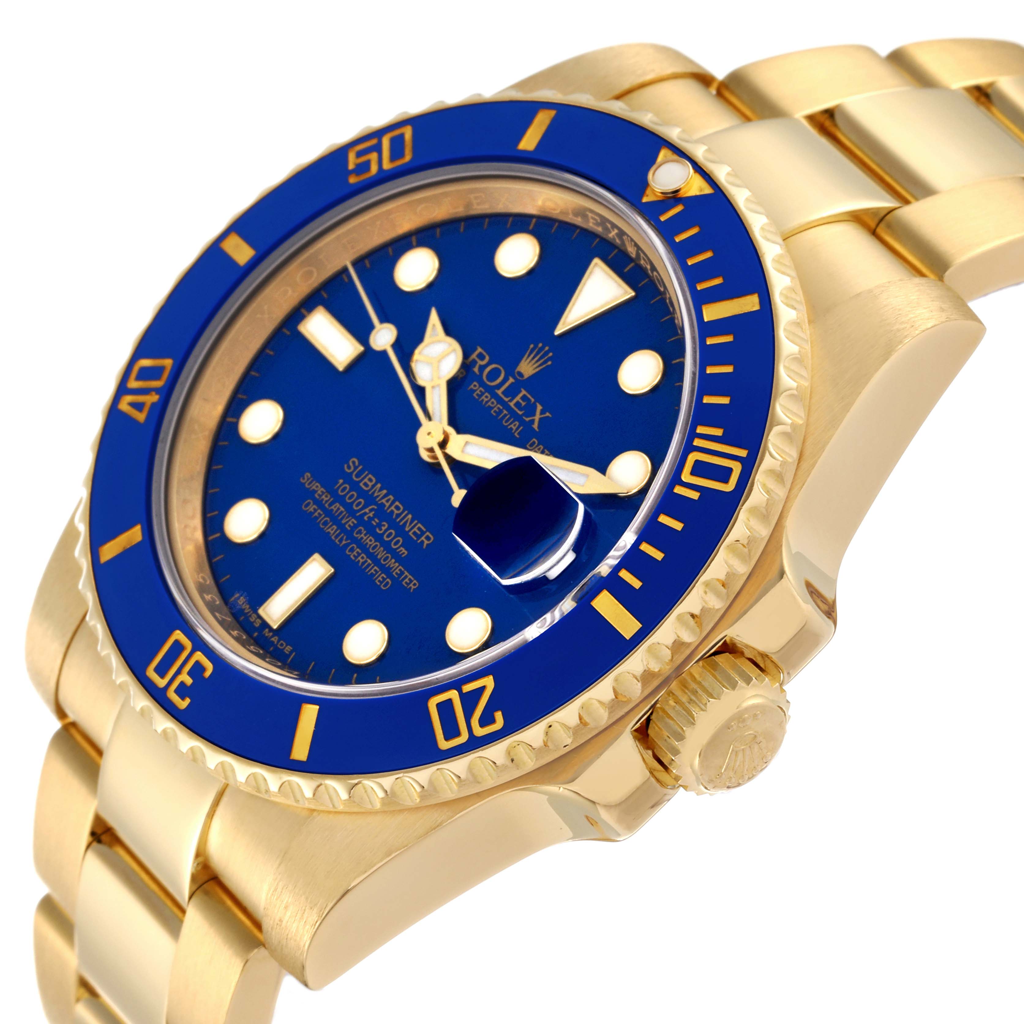 The image shows a Rolex Submariner 116618 Men's Yellow Gold Blue Dial 116618 Men's Yellow Gold Blue Dial watch at an angled view focusing on the dial, bezel, crown, and bracelet.