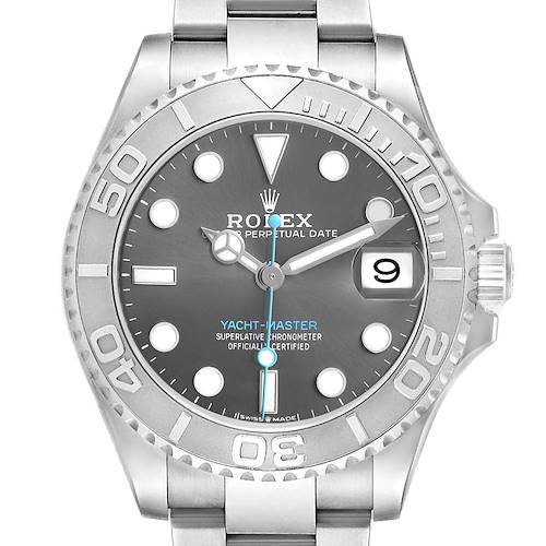 The Rolex Yacht-Master 268622 Men's Stainless Steel Silver Dial watch is shown from the front, highlighting the dial, bezel, and bracelet.