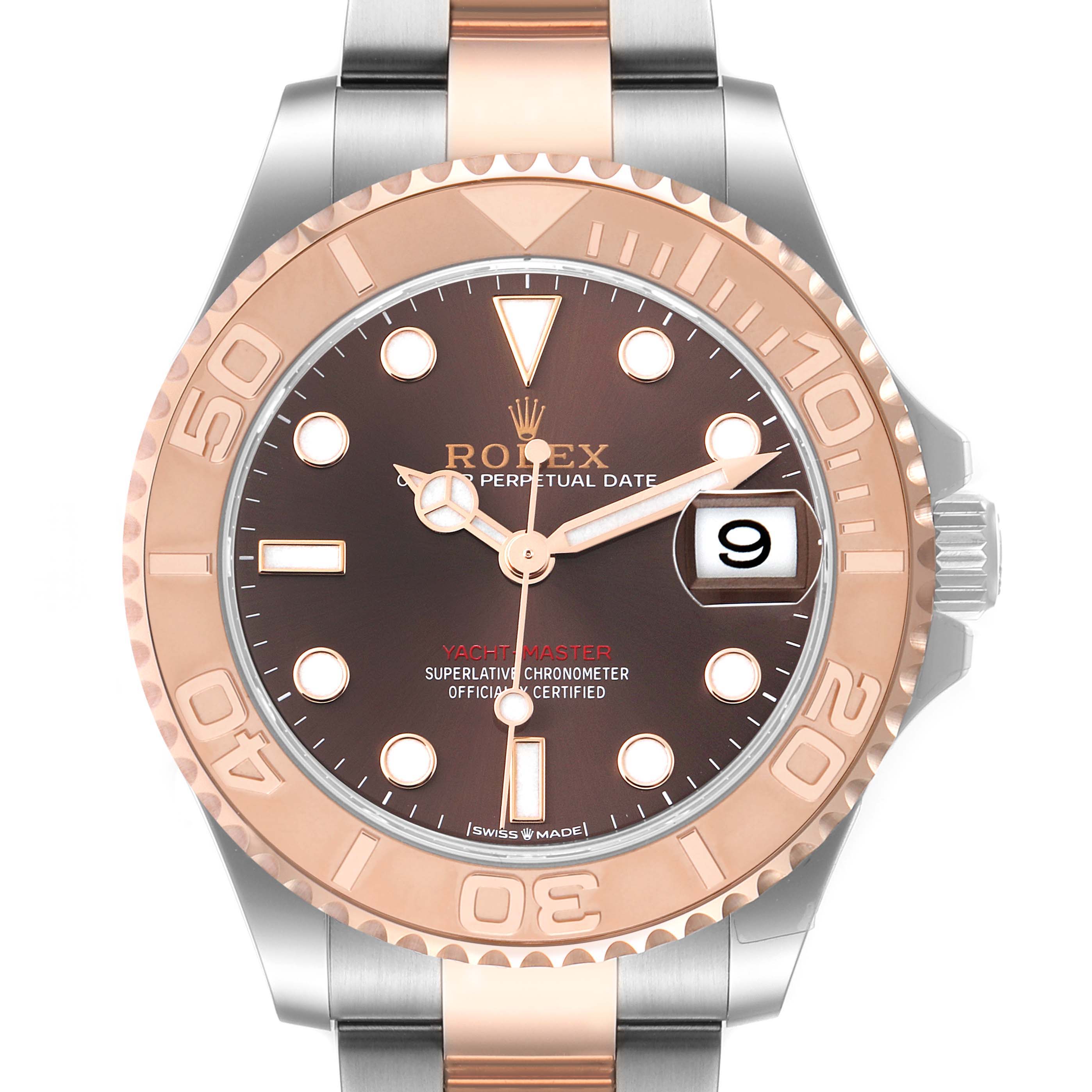 The Rolex Yacht-Master 268621 Men's Steel and Gold (two tone) Brown Dial 268621 Men's Steel and Gold (two tone) Brown Dial watch is shown from the front, highlighting its dial, bezel, and crown.