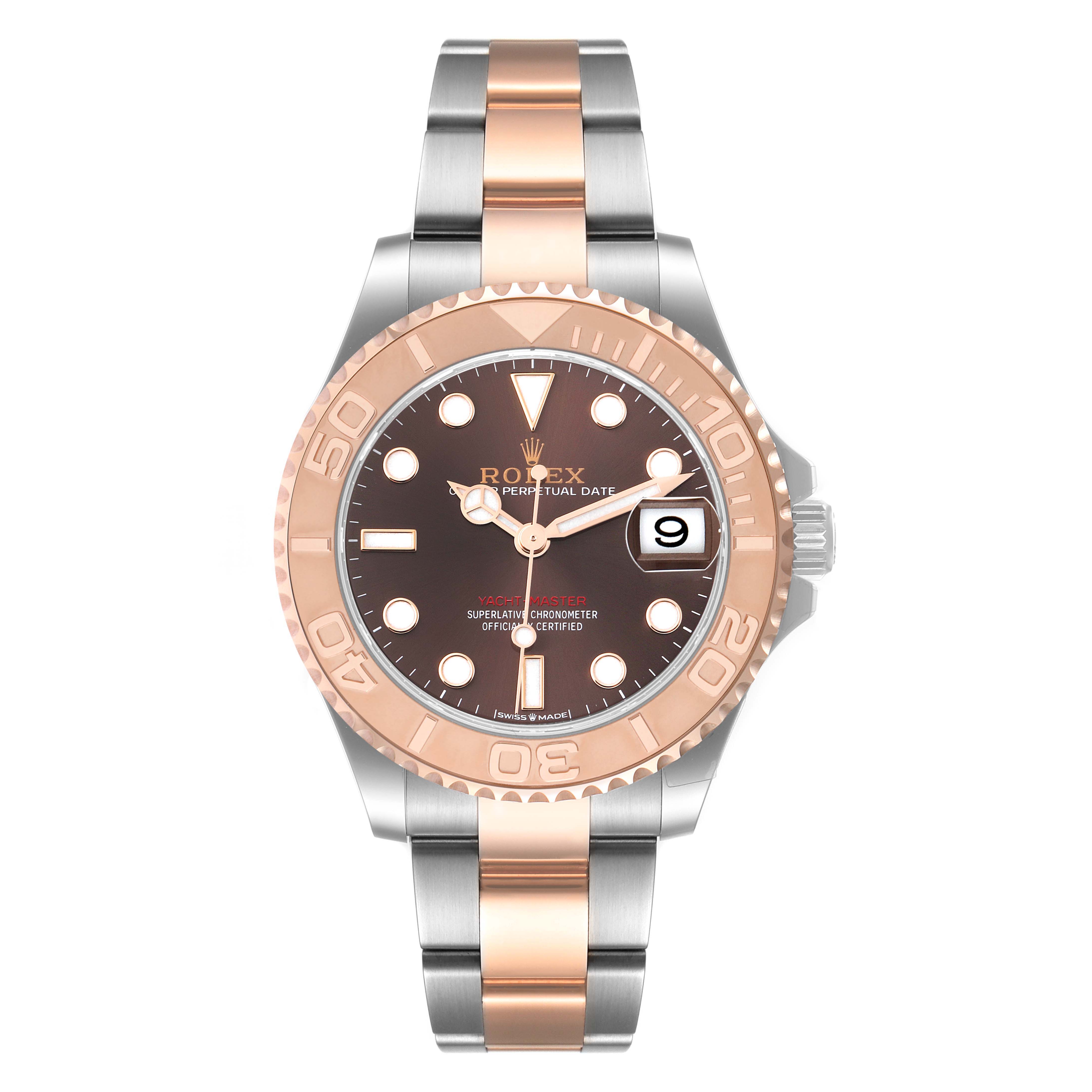 The image shows a front view of a Rolex Yacht-Master 268621 Men's Steel and Gold (two tone) Brown Dial 268621 Men's Steel and Gold (two tone) Brown Dial watch, highlighting the dial, bezel, and bracelet.