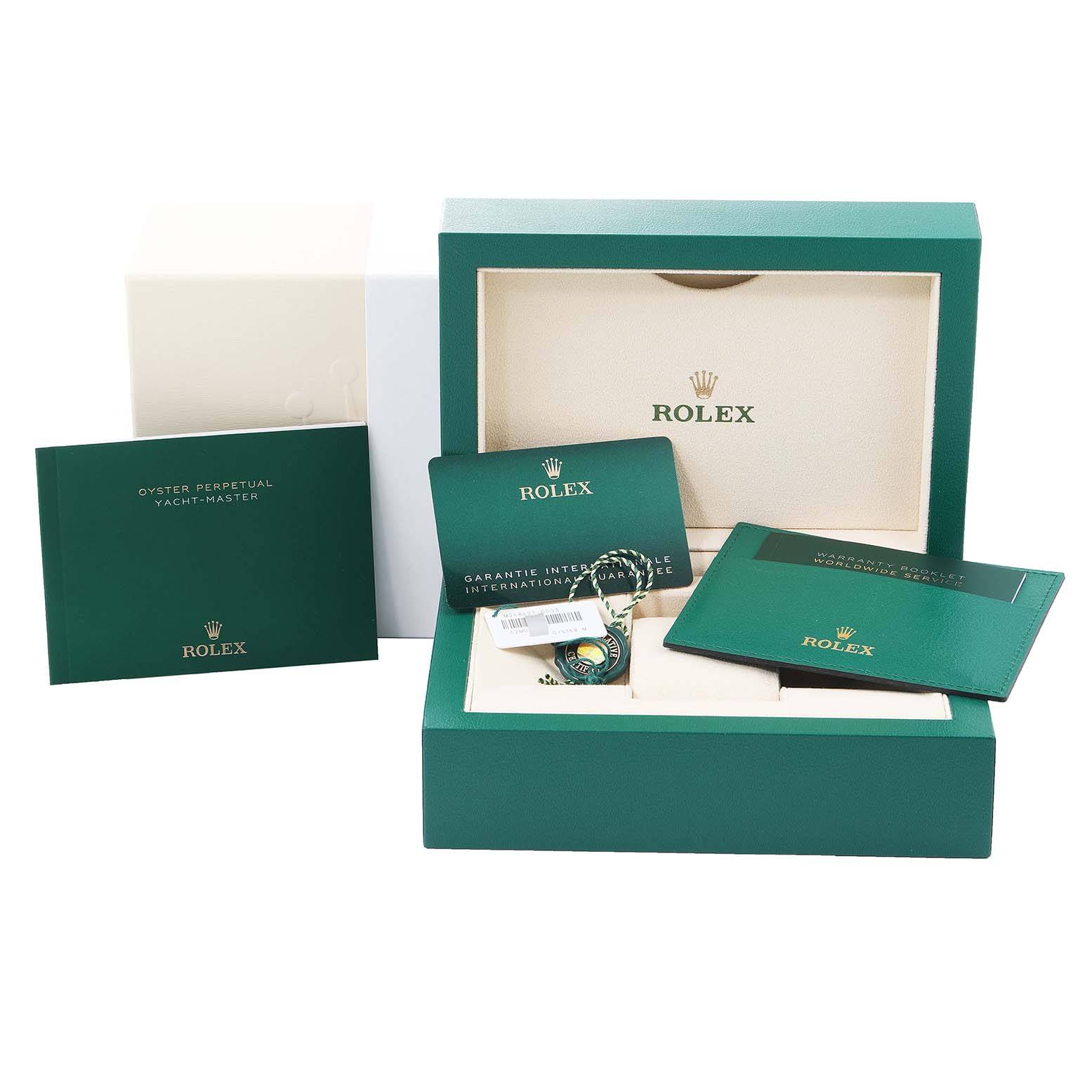 The image shows the packaging, booklets, and warranty card for a Rolex Yacht-Master 268621 Men's Steel and Gold (two tone) Brown Dial 268621 Men's Steel and Gold (two tone) Brown Dial watch.
