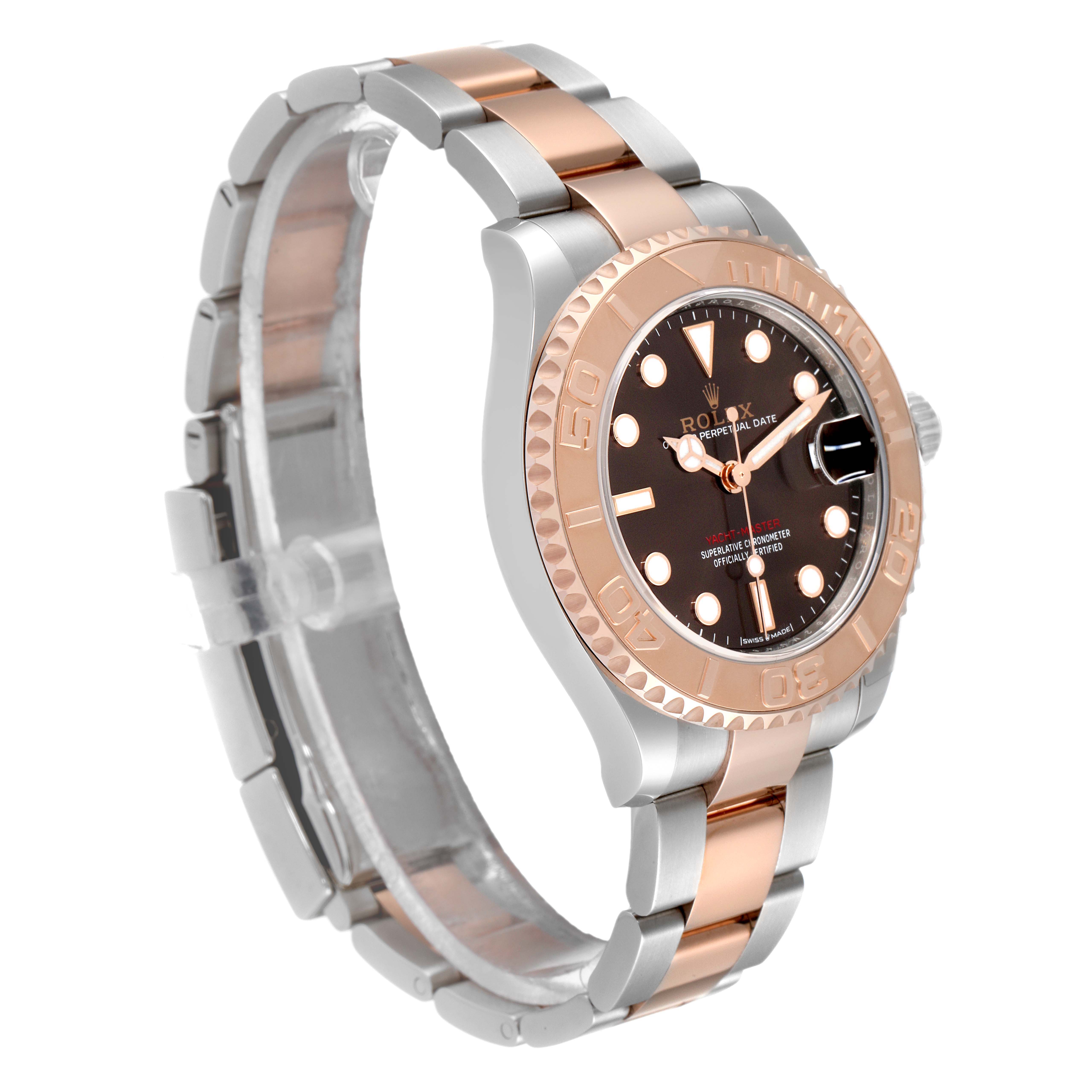 The image shows a Rolex Yacht-Master 268621 Men's Steel and Gold (two tone) Brown Dial 268621 Men's Steel and Gold (two tone) Brown Dial watch from a front-side angle, highlighting the two-tone bracelet and dial.