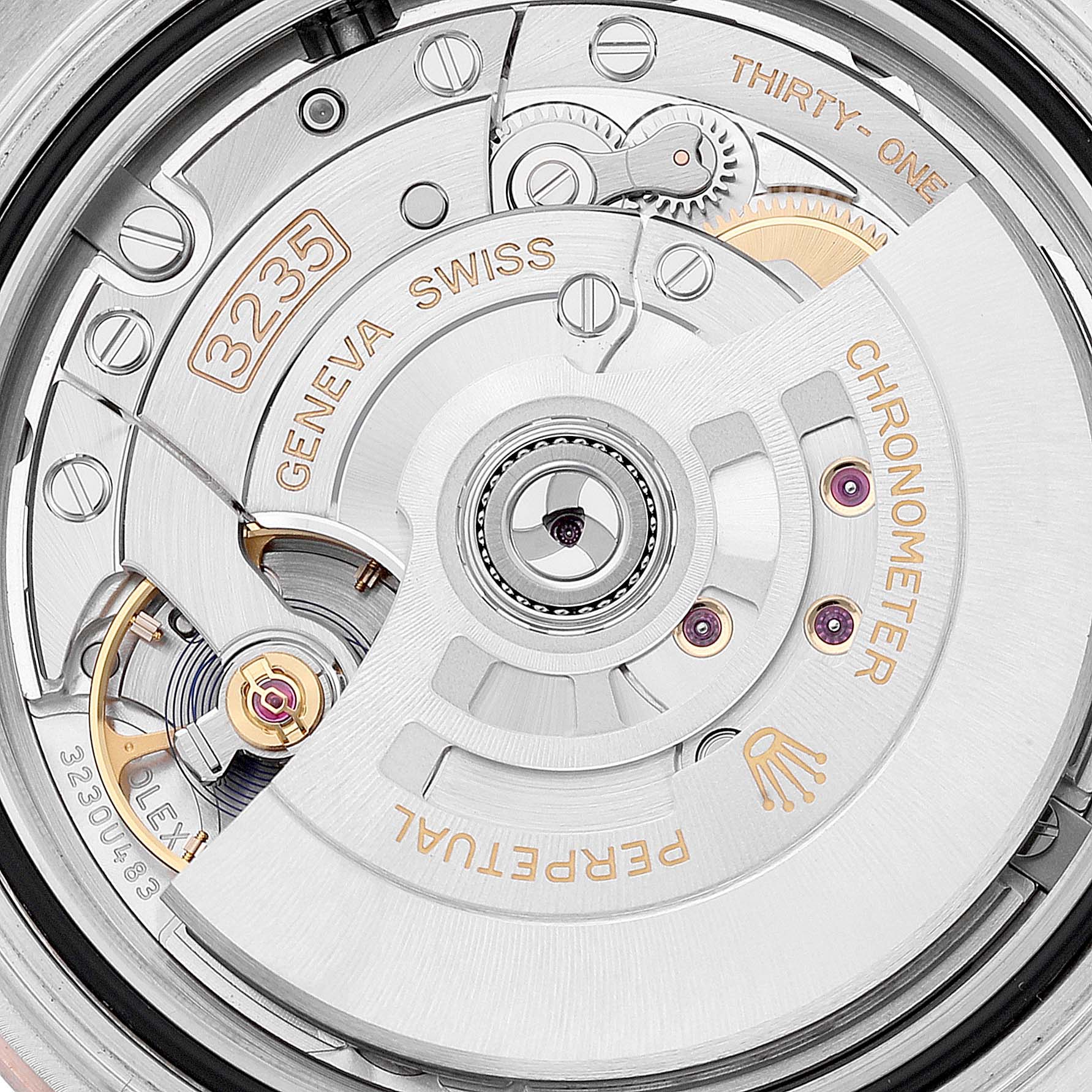 This image shows the detailed movement and inner mechanism of a Rolex Yacht-Master 126621 Men's Steel and Gold (two tone) Brown Dial 126621 Men's Steel and Gold (two tone) Brown Dial watch at a close-up angle.