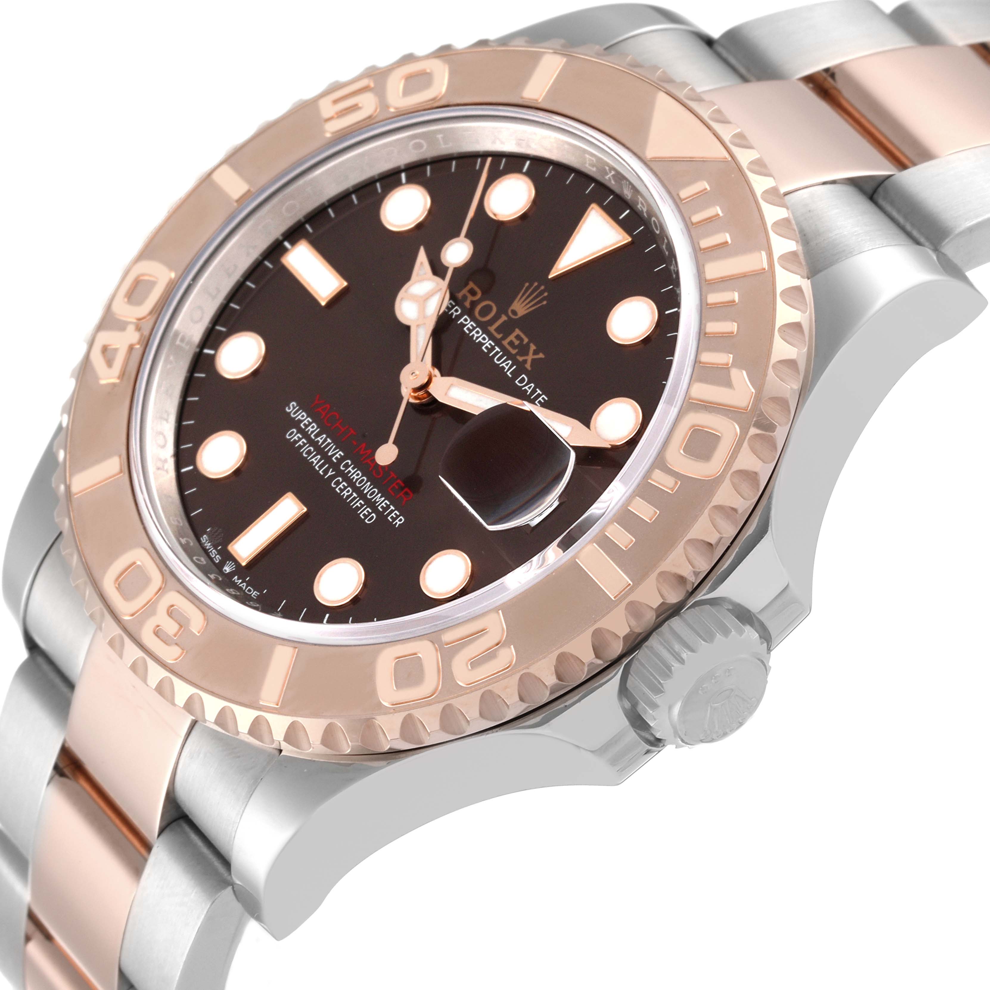 This image shows a close-up angle of the Rolex Yacht-Master 126621 Men's Steel and Gold (two tone) Brown Dial 126621 Men's Steel and Gold (two tone) Brown Dial watch face, bezel, crown, and part of the bracelet.