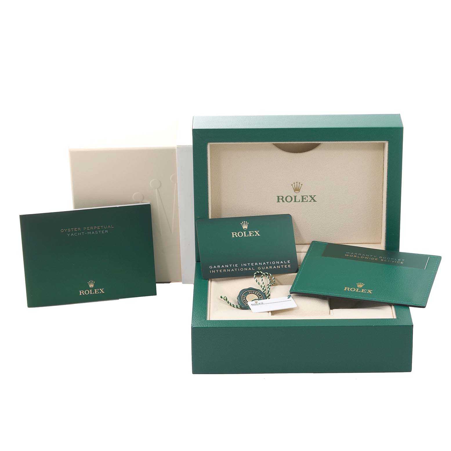 The image shows the packaging, guarantee card, and tags for a Rolex Yacht-Master 126621 Men's Steel and Gold (two tone) Brown Dial 126621 Men's Steel and Gold (two tone) Brown Dial watch.