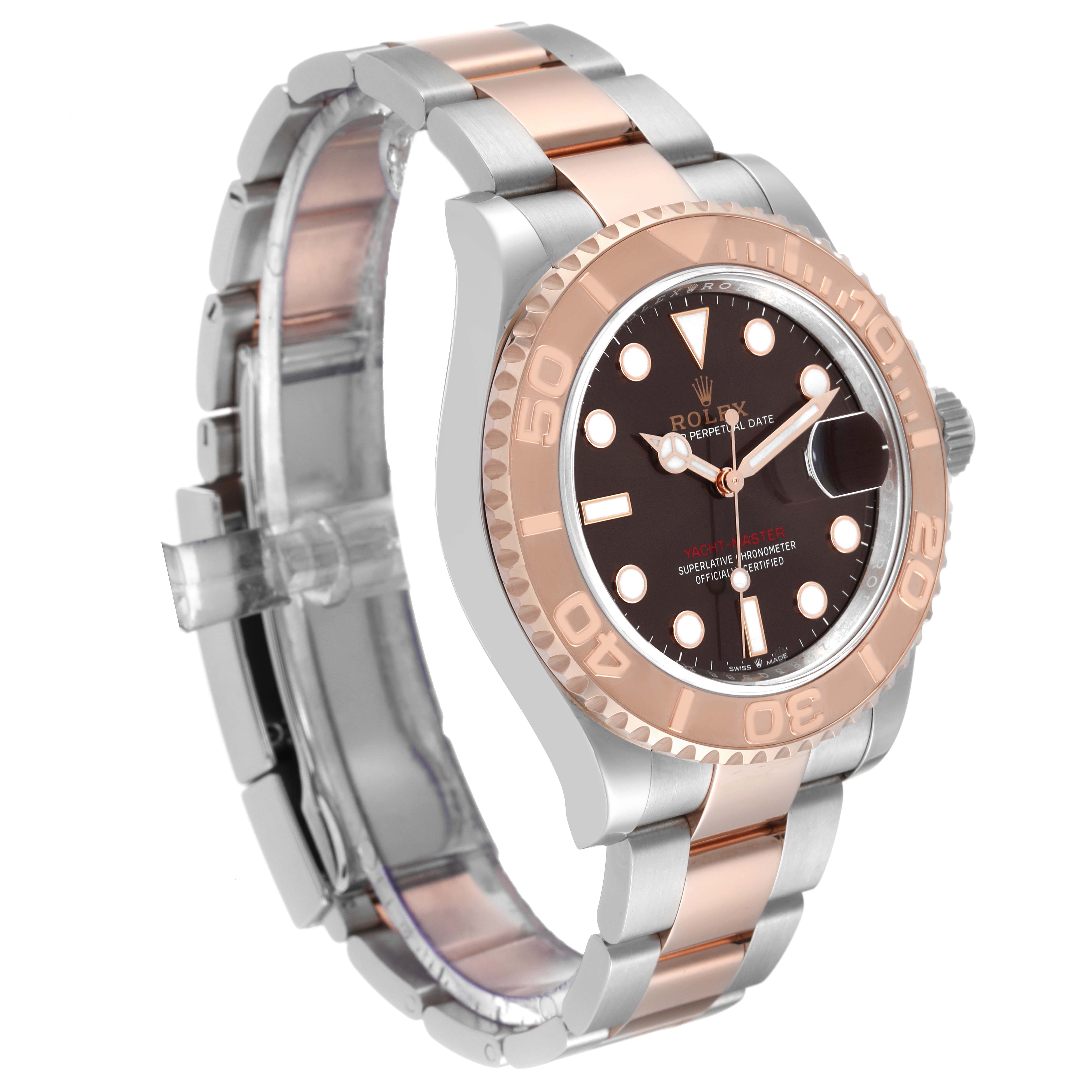 The Rolex Yacht-Master 126621 Men's Steel and Gold (two tone) Brown Dial 126621 Men's Steel and Gold (two tone) Brown Dial watch is shown at an angle displaying the face, bezel, crown, and two-tone band.
