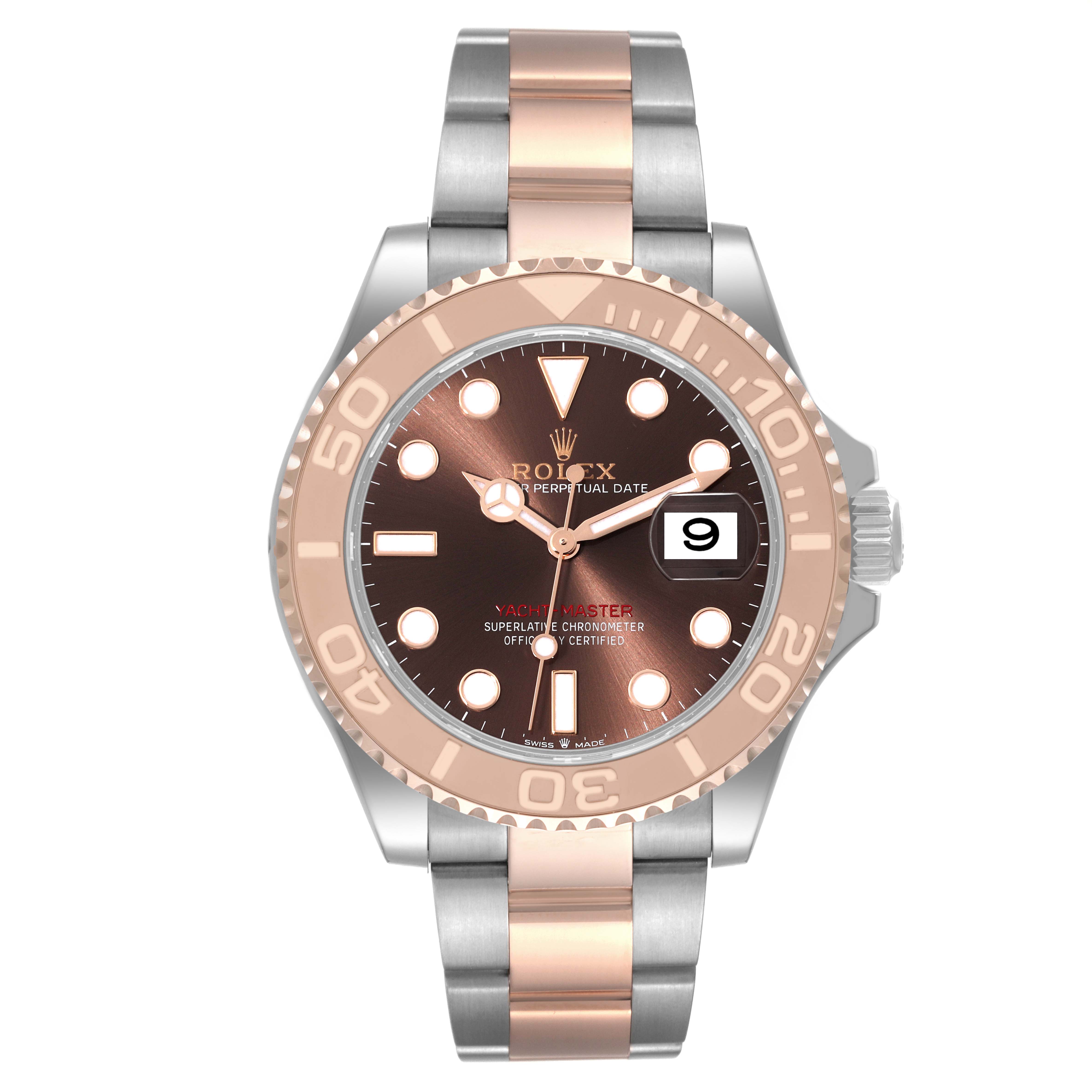 This image shows a Rolex Yacht-Master 126621 Men's Steel and Gold (two tone) Brown Dial 126621 Men's Steel and Gold (two tone) Brown Dial watch from a front view, highlighting the dial, bezel, and bracelet.