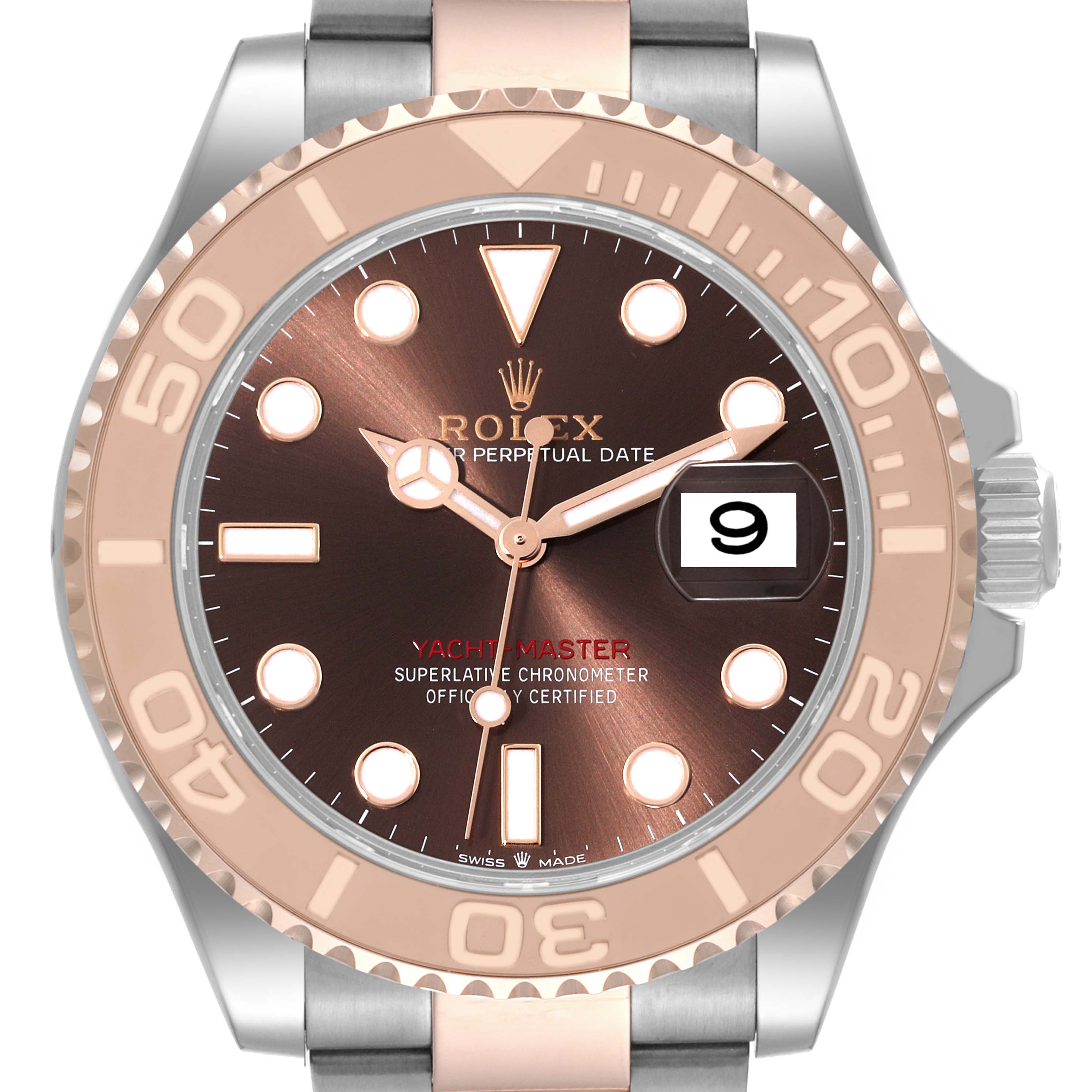 The image shows a front view of a Rolex Yacht-Master 126621 Men's Steel and Gold (two tone) Brown Dial 126621 Men's Steel and Gold (two tone) Brown Dial watch, highlighting the dial, hands, bezel, and bracelet.