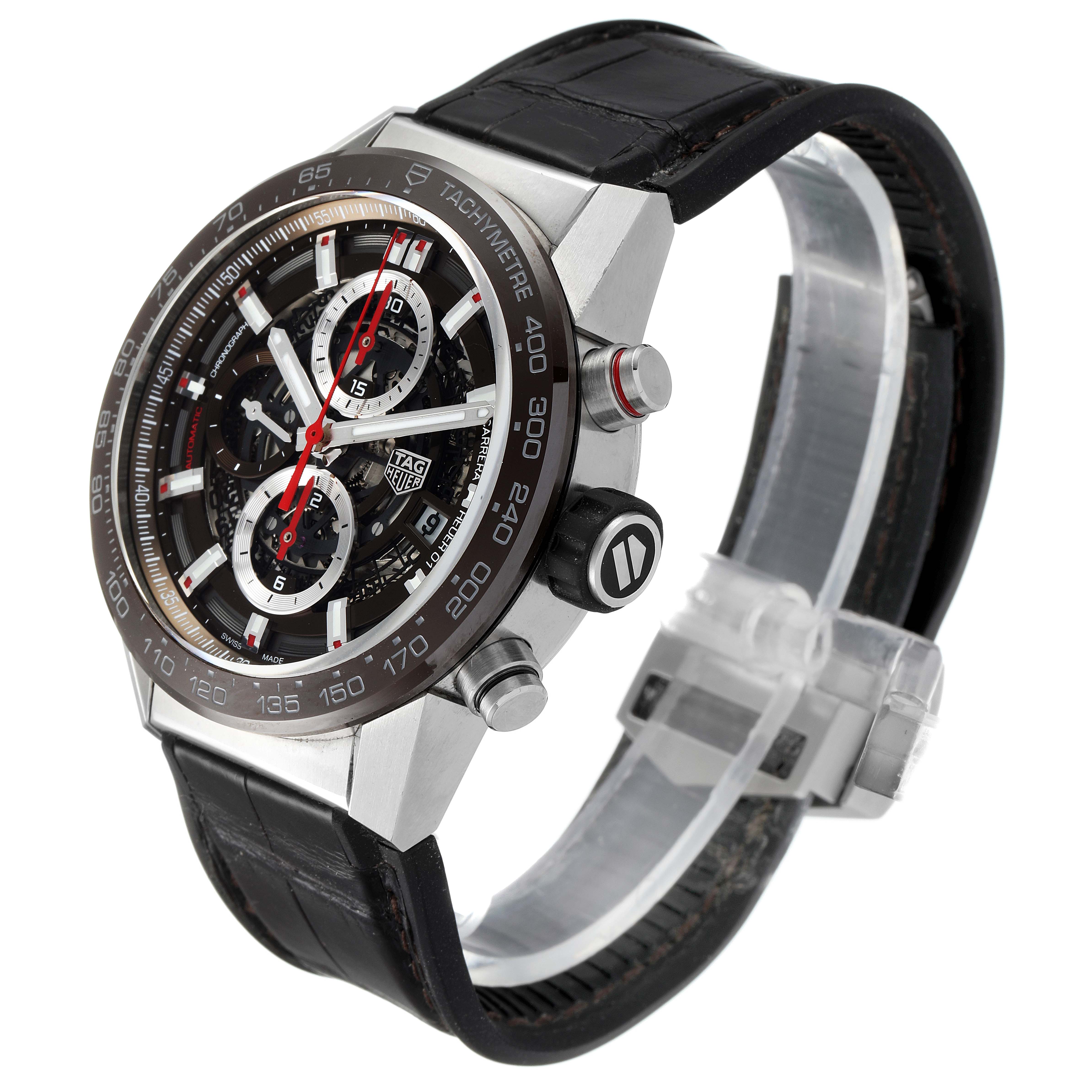 The image shows a side and top angle view of the Tag Heuer Carrera CAR201U.BA0766 Men's Stainless Steel Brown Dial CAR201U.BA0766 Men's Stainless Steel Brown Dial watch, highlighting its dial, buttons, and strap.