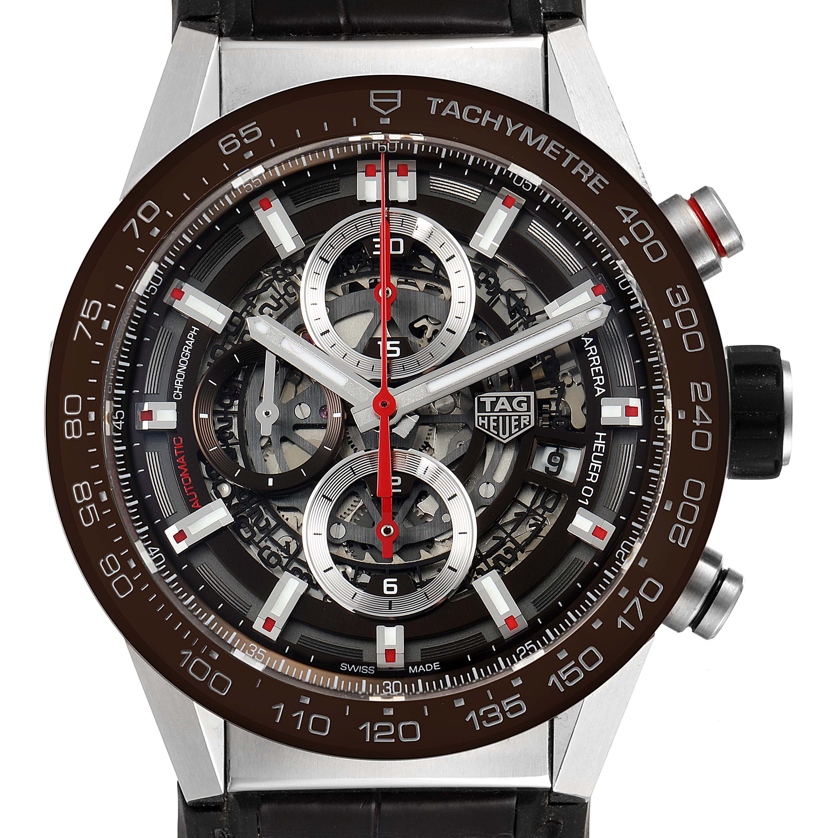 The image shows a close-up, front-facing view of a Tag Heuer Carrera CAR201U.BA0766 Men's Stainless Steel Brown Dial CAR201U.BA0766 Men's Stainless Steel Brown Dial watch, highlighting the dial, hands, and tachymeter bezel.