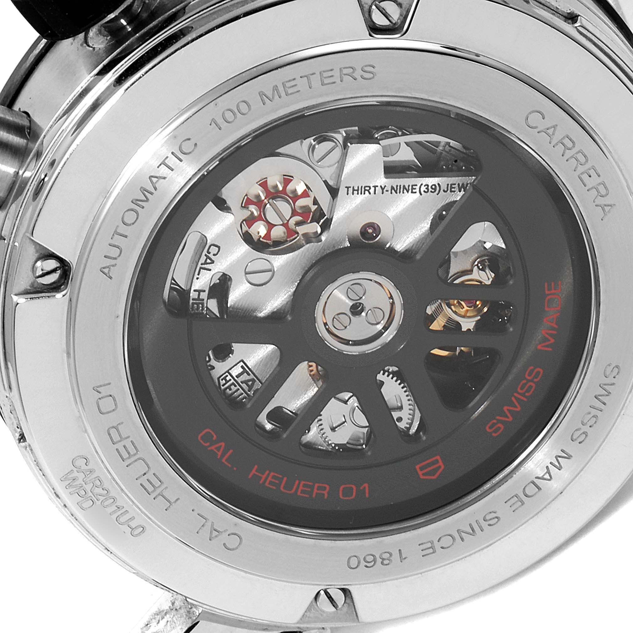 This image shows the back of a Tag Heuer Carrera CAR201U.BA0766 Men's Stainless Steel Brown Dial CAR201U.BA0766 Men's Stainless Steel Brown Dial watch, highlighting the automatic movement and internal mechanics.