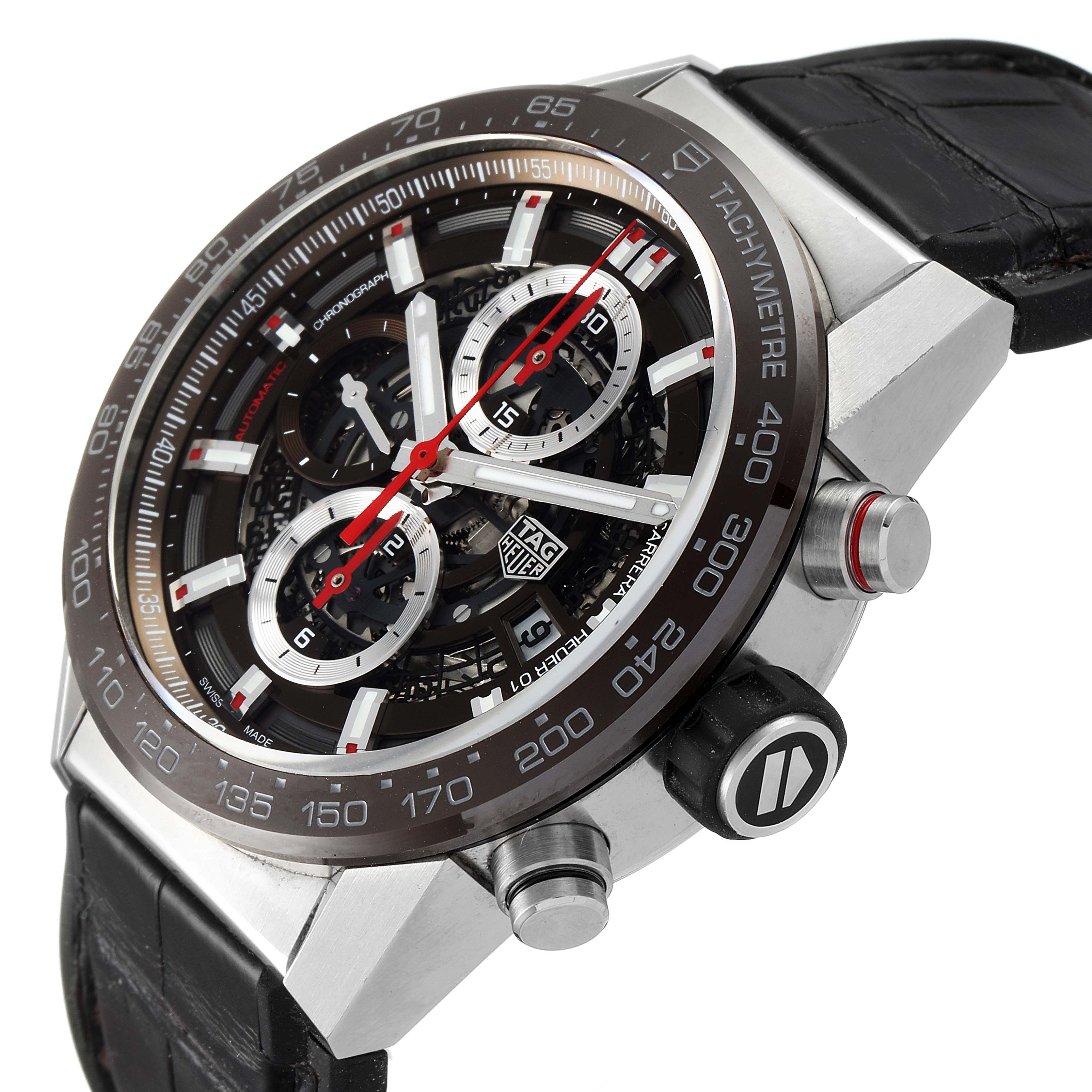 The image shows a close-up angle of the Tag Heuer Carrera CAR201U.BA0766 Men's Stainless Steel Brown Dial CAR201U.BA0766 Men's Stainless Steel Brown Dial watch, highlighting the dial, chronograph subdials, and tachymeter bezel.