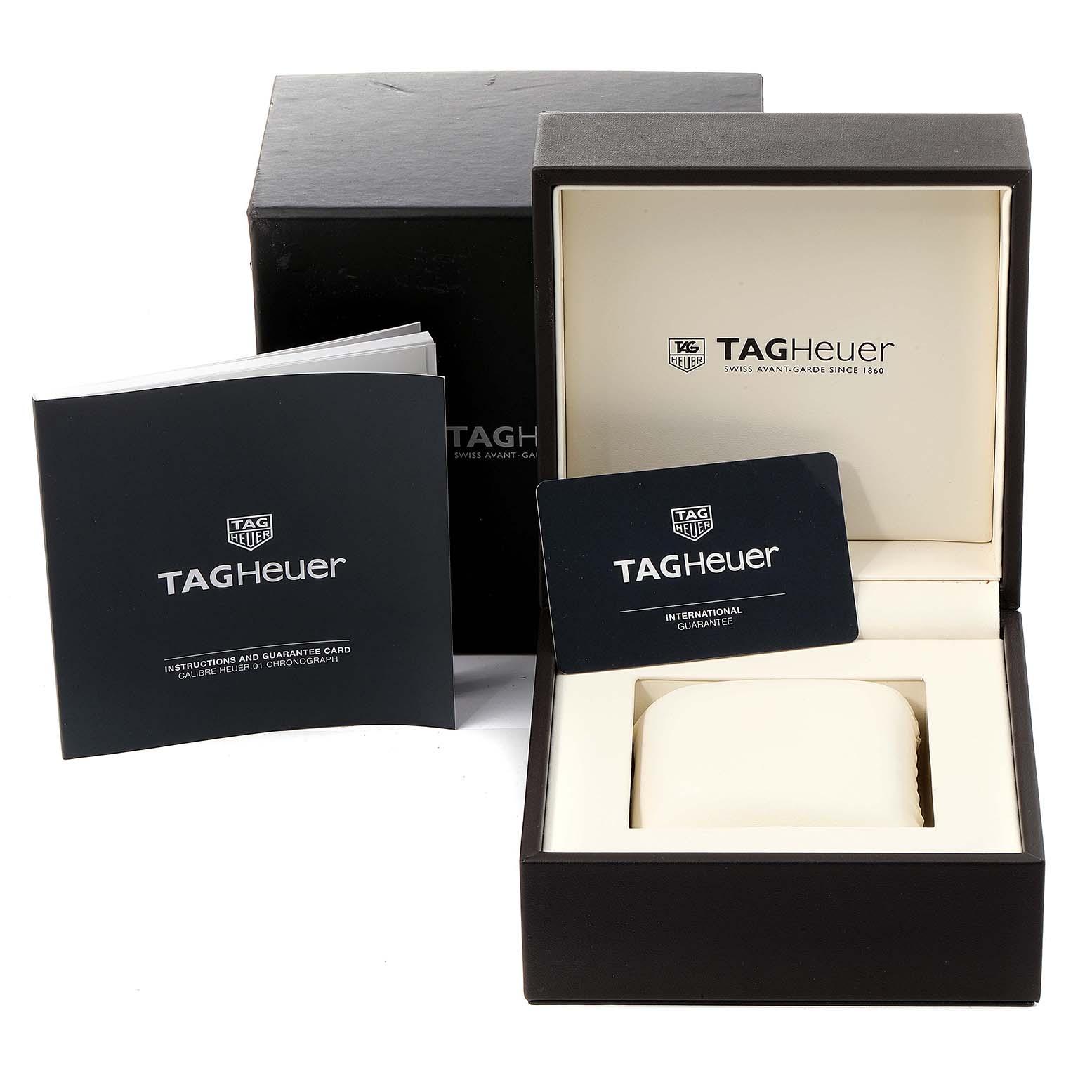 The image shows the Tag Heuer Carrera CAR201U.BA0766 Men's Stainless Steel Brown Dial CAR201U.BA0766 Men's Stainless Steel Brown Dial watch's box, manual, and international guarantee card from a front angle.