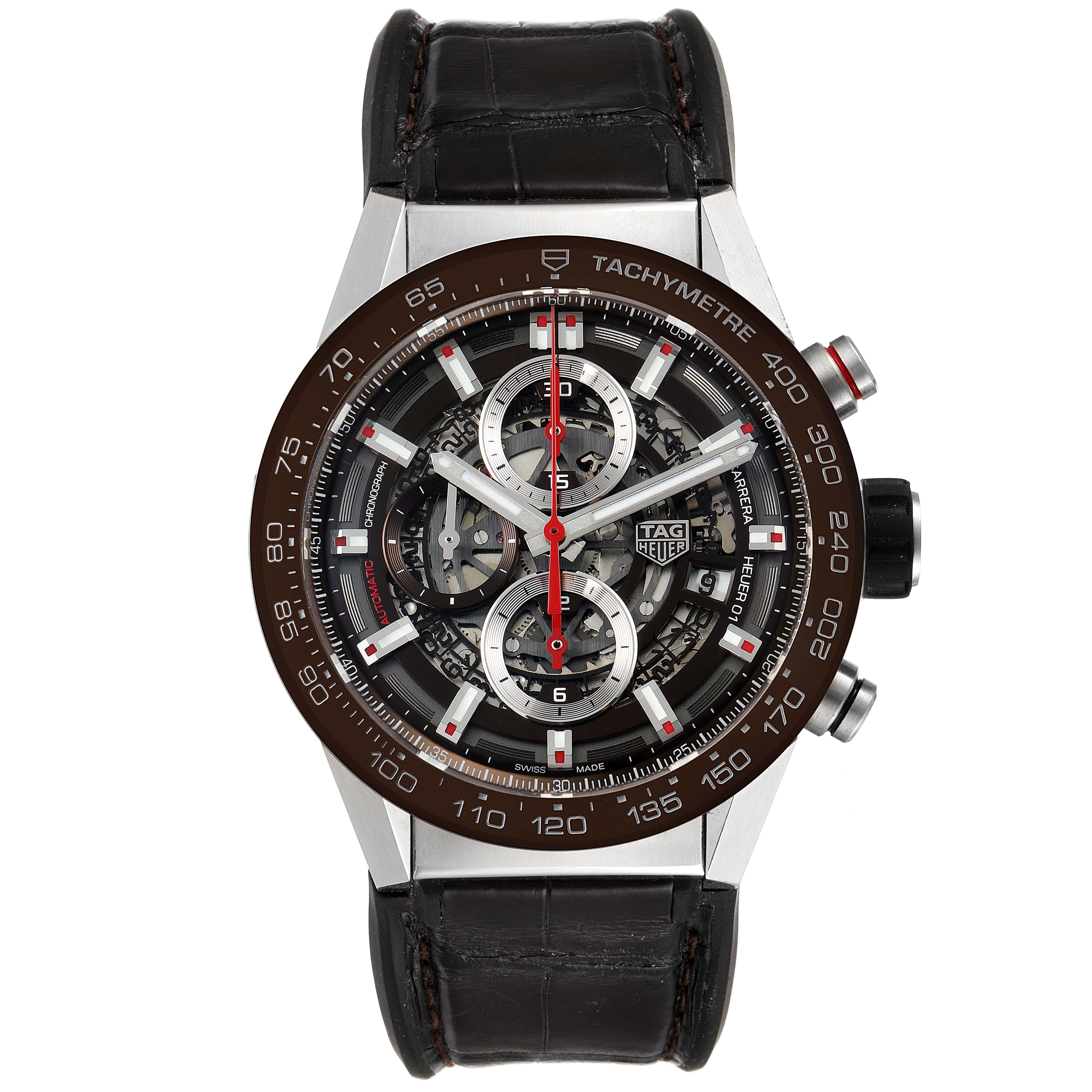 The image shows a front view of the Tag Heuer Carrera CAR201U.BA0766 Men's Stainless Steel Brown Dial CAR201U.BA0766 Men's Stainless Steel Brown Dial watch with a leather strap and tachymeter bezel.