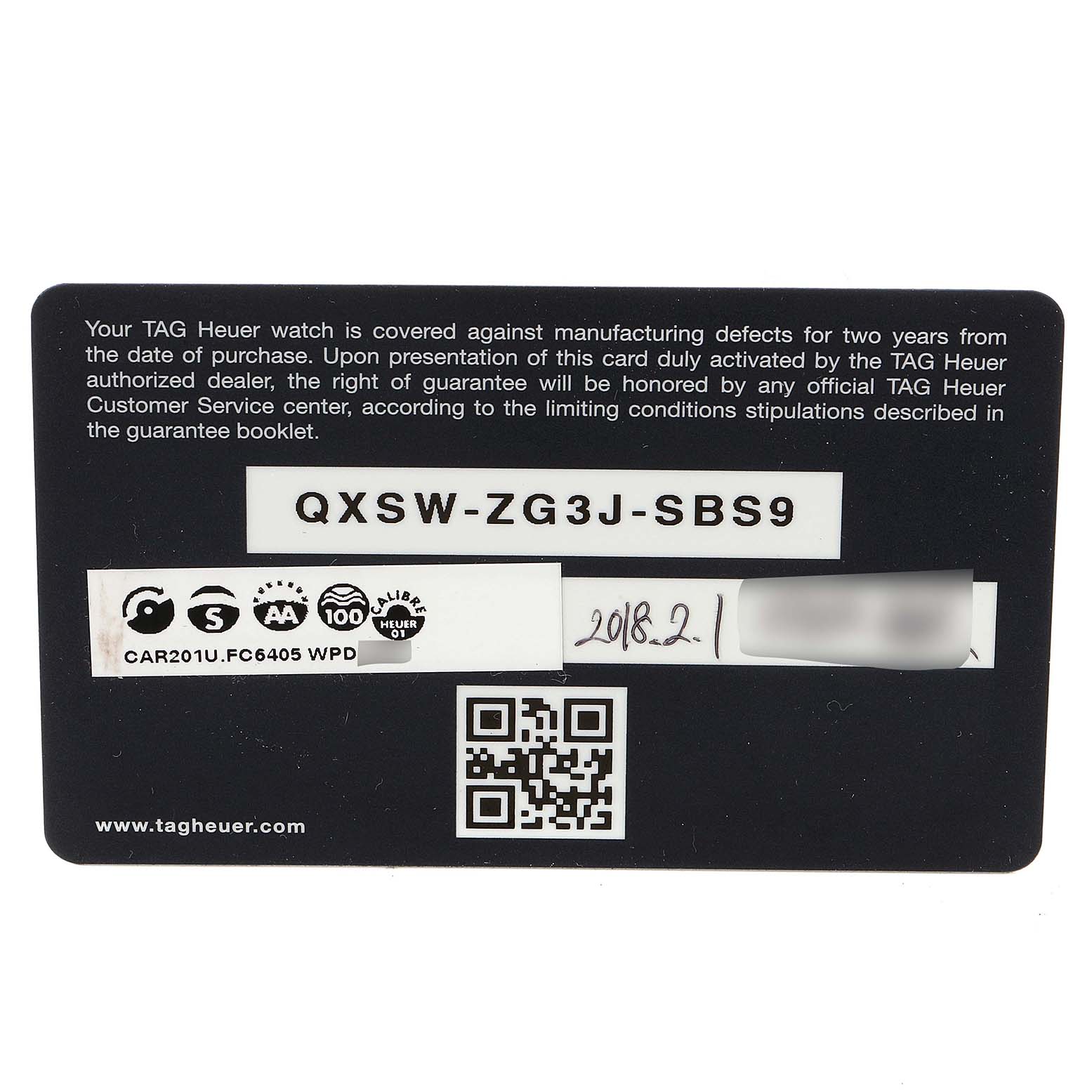 This image shows the warranty card for the Tag Heuer Carrera CAR201U.BA0766 Men's Stainless Steel Brown Dial CAR201U.BA0766 Men's Stainless Steel Brown Dial model watch.