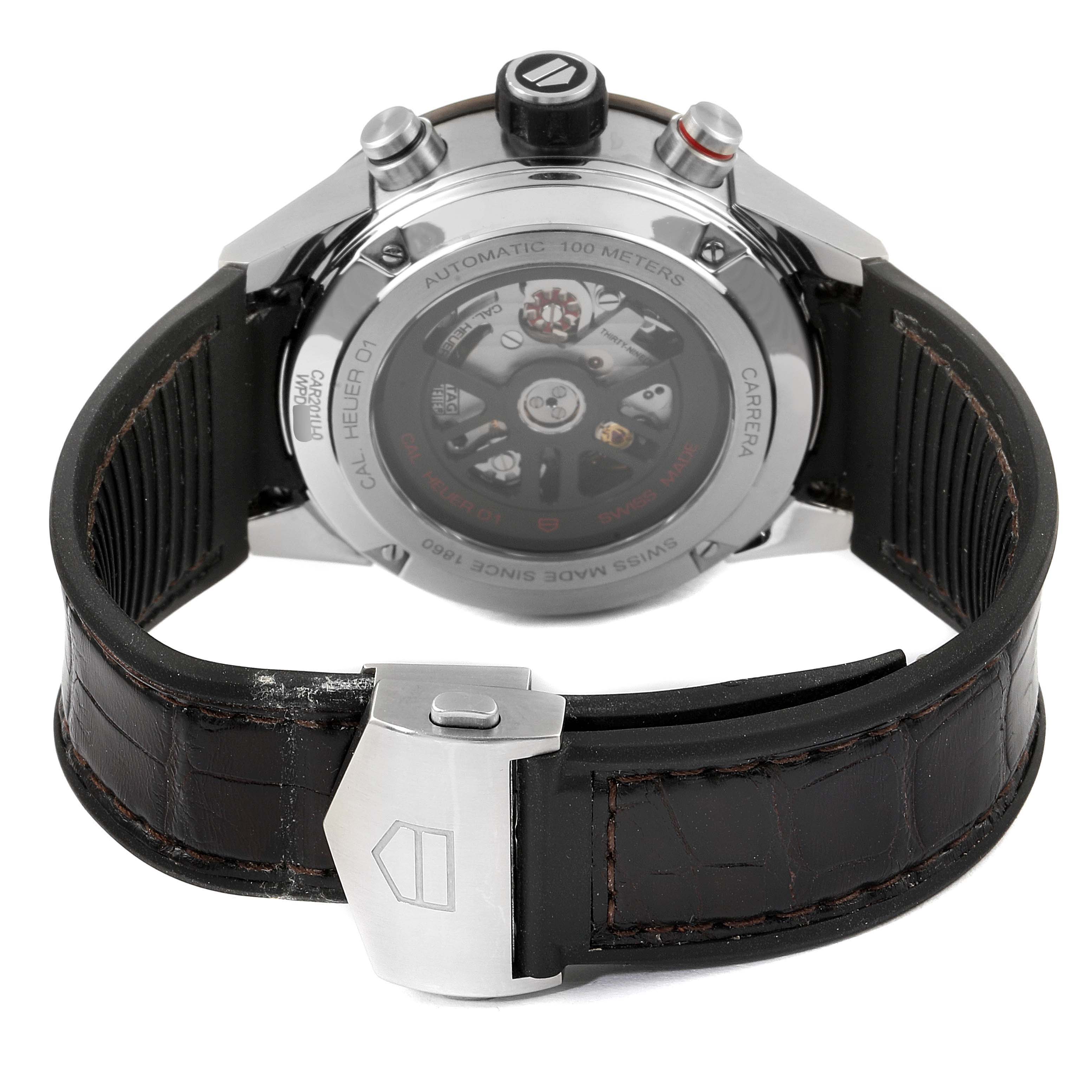 The image shows the back view of the Tag Heuer Carrera CAR201U.BA0766 Men's Stainless Steel Brown Dial CAR201U.BA0766 Men's Stainless Steel Brown Dial watch, highlighting its clasp, case back, and strap.