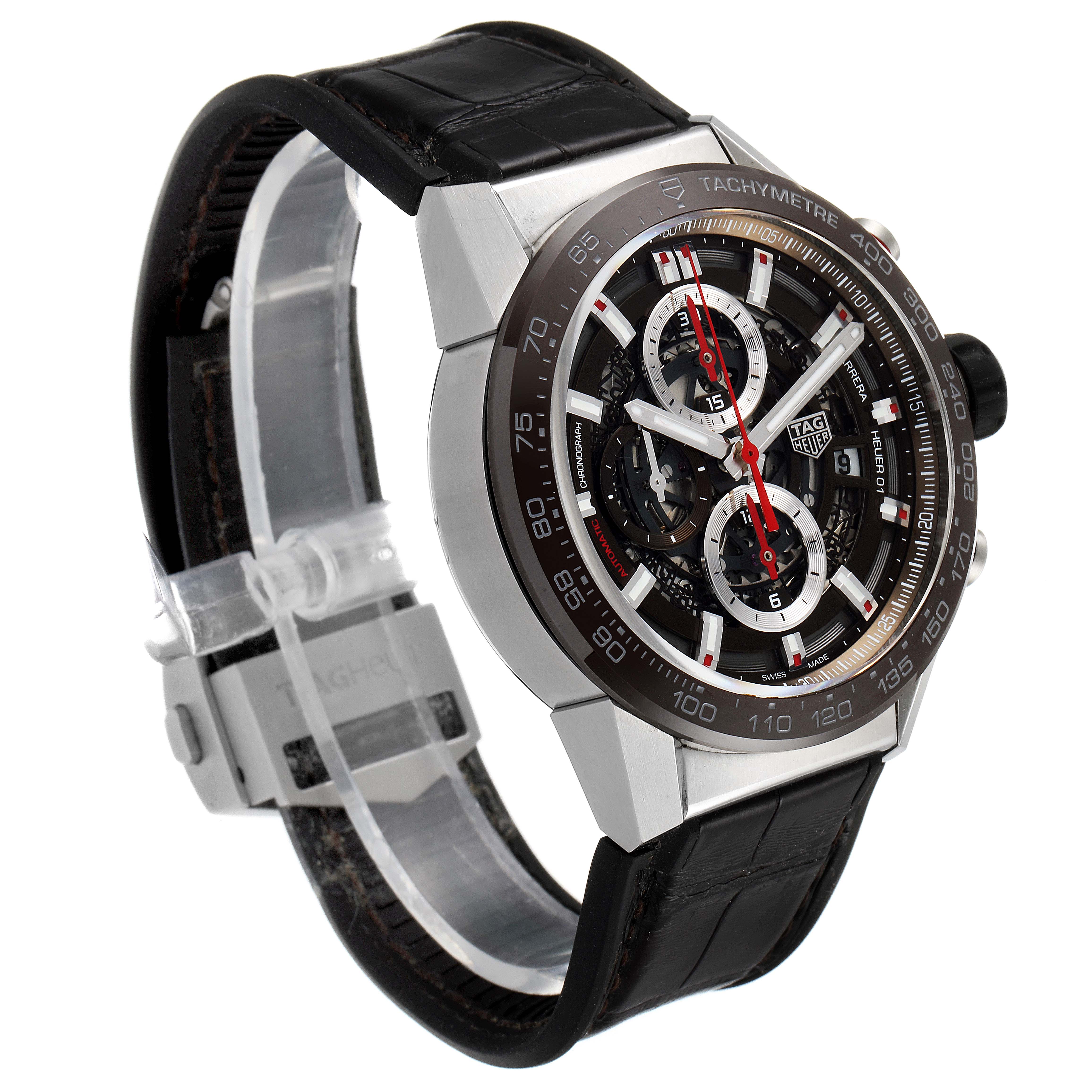 The image shows a Tag Heuer Carrera CAR201U.BA0766 Men's Stainless Steel Brown Dial CAR201U.BA0766 Men's Stainless Steel Brown Dial watch at a three-quarter angle, highlighting its dial, bezel, and black leather strap.