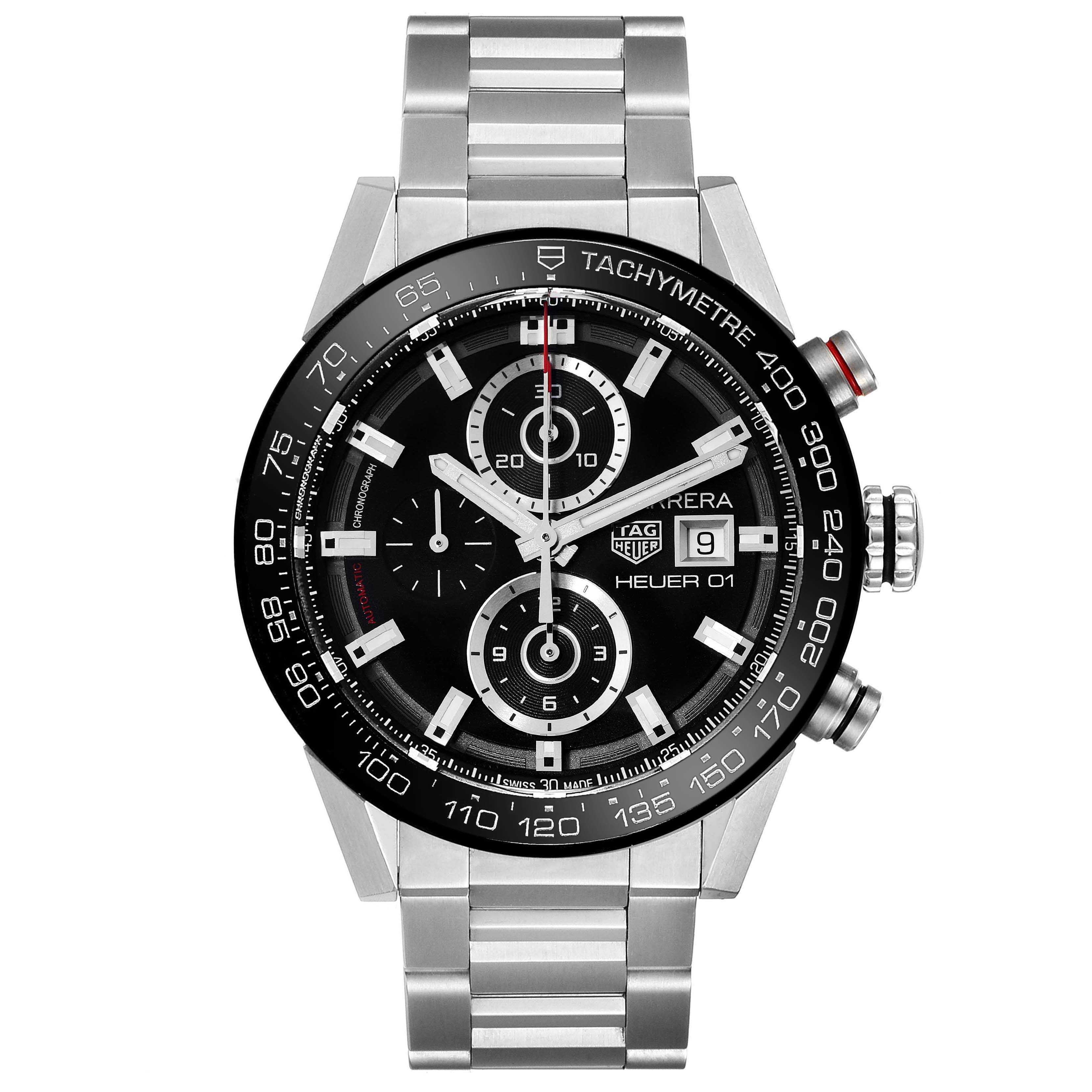 This image shows a front view of the Tag Heuer Carrera CAR201Z.BA0714 Men's Stainless Steel Black Dial CAR201Z.BA0714 Men's Stainless Steel Black Dial watch, displaying its dial, chronographs, and stainless steel bracelet.