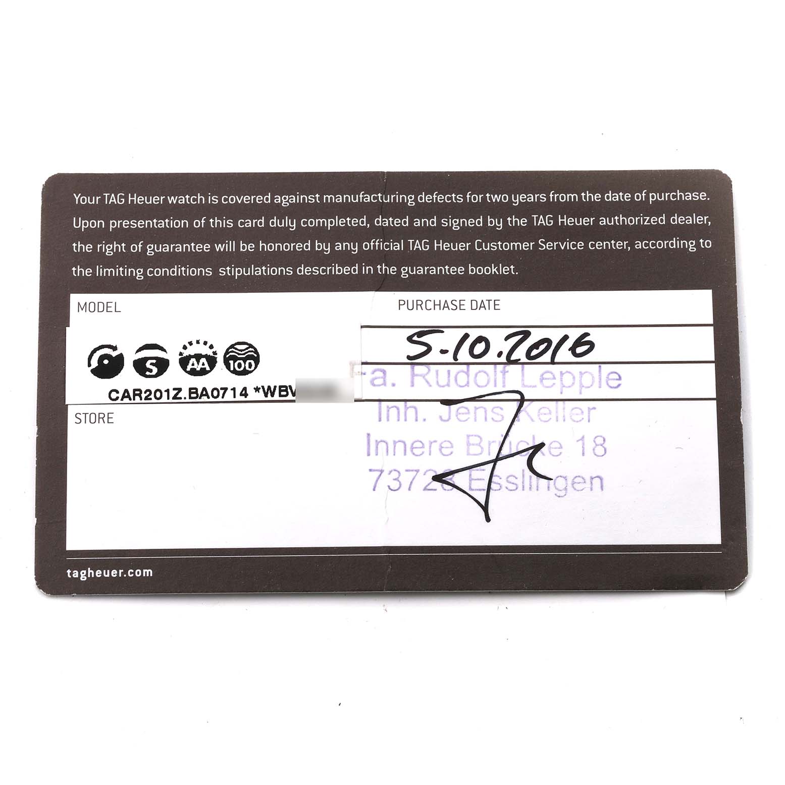 The image shows a warranty card for the Tag Heuer Carrera CAR201Z.BA0714 Men's Stainless Steel Black Dial CAR201Z.BA0714 Men's Stainless Steel Black Dial model CAR201Z.BA0714, with the purchase date listed.