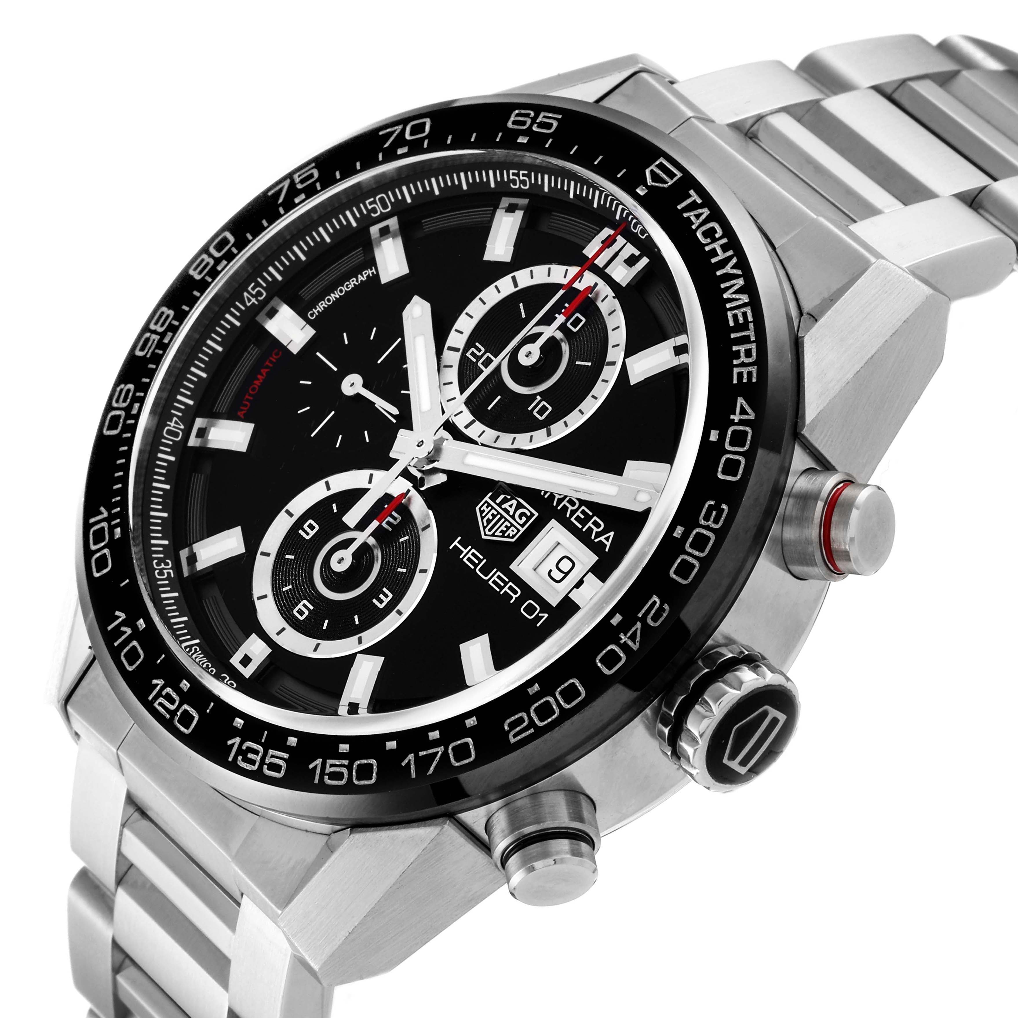 This image shows a Tag Heuer Carrera CAR201Z.BA0714 Men's Stainless Steel Black Dial CAR201Z.BA0714 Men's Stainless Steel Black Dial watch at an angle displaying its face, buttons, and part of the bracelet.