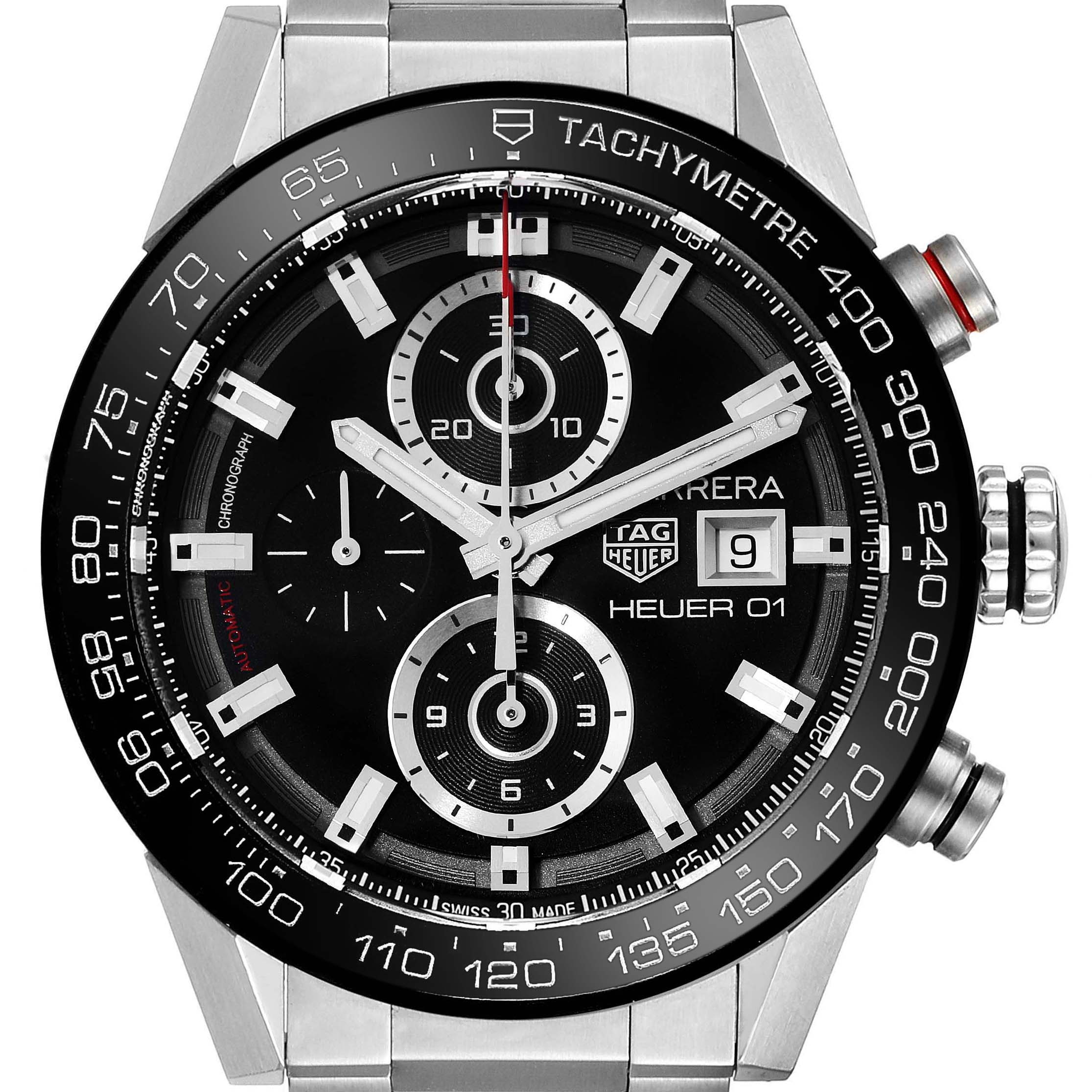 The image shows a front view of the Tag Heuer Carrera CAR201Z.BA0714 Men's Stainless Steel Black Dial CAR201Z.BA0714 Men's Stainless Steel Black Dial watch displaying its dial, tachymeter bezel, and chronograph subdials.