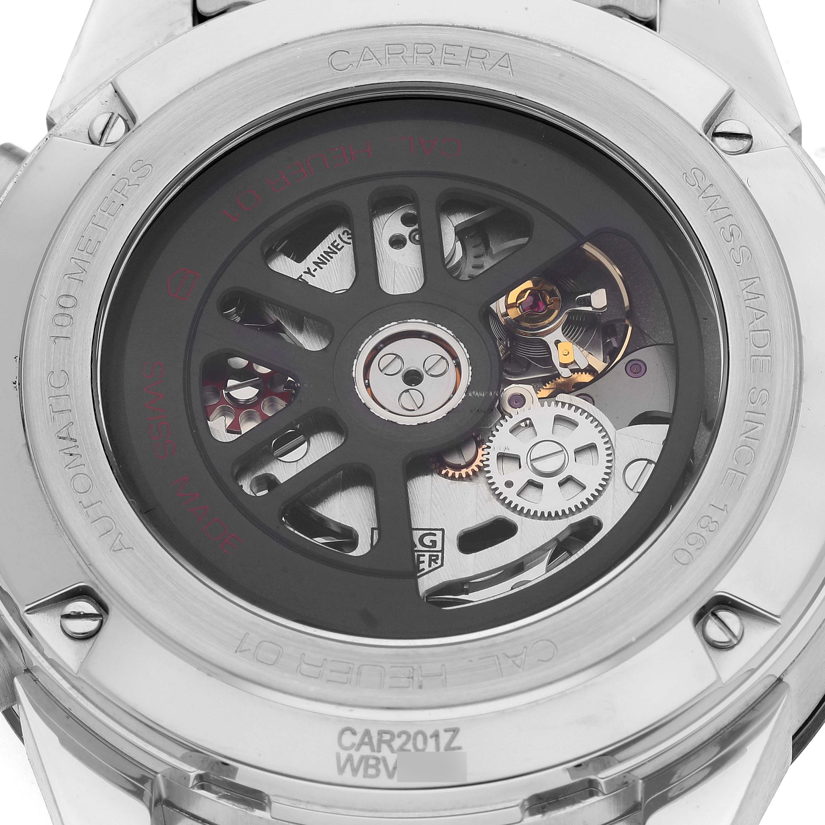 This image shows the case back of the Tag Heuer Carrera CAR201Z.BA0714 Men's Stainless Steel Black Dial CAR201Z.BA0714 Men's Stainless Steel Black Dial watch, revealing its automatic movement mechanism.