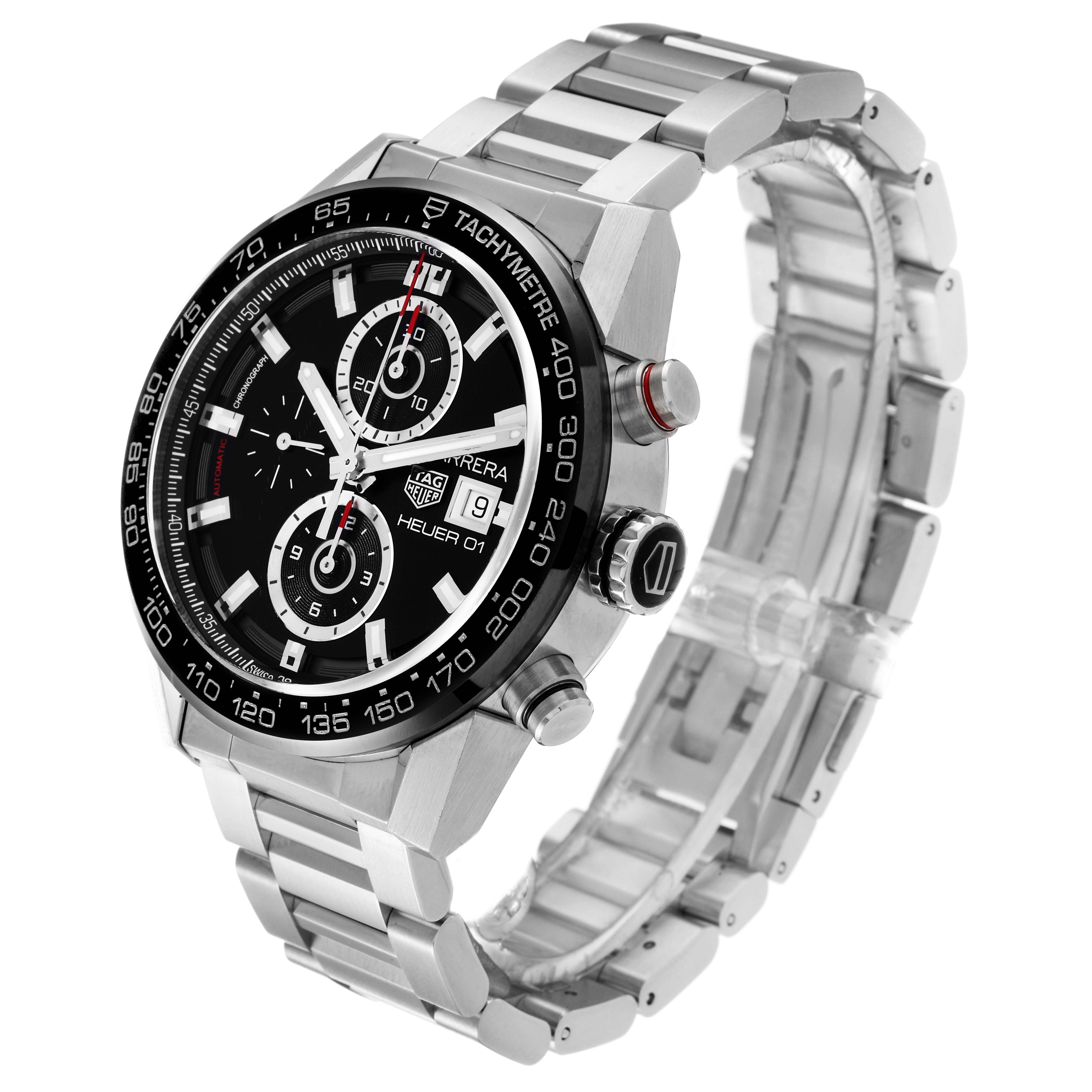 The Tag Heuer Carrera CAR201Z.BA0714 Men's Stainless Steel Black Dial CAR201Z.BA0714 Men's Stainless Steel Black Dial watch is shown at a three-quarter angle, highlighting the face, bezel, and metal bracelet.