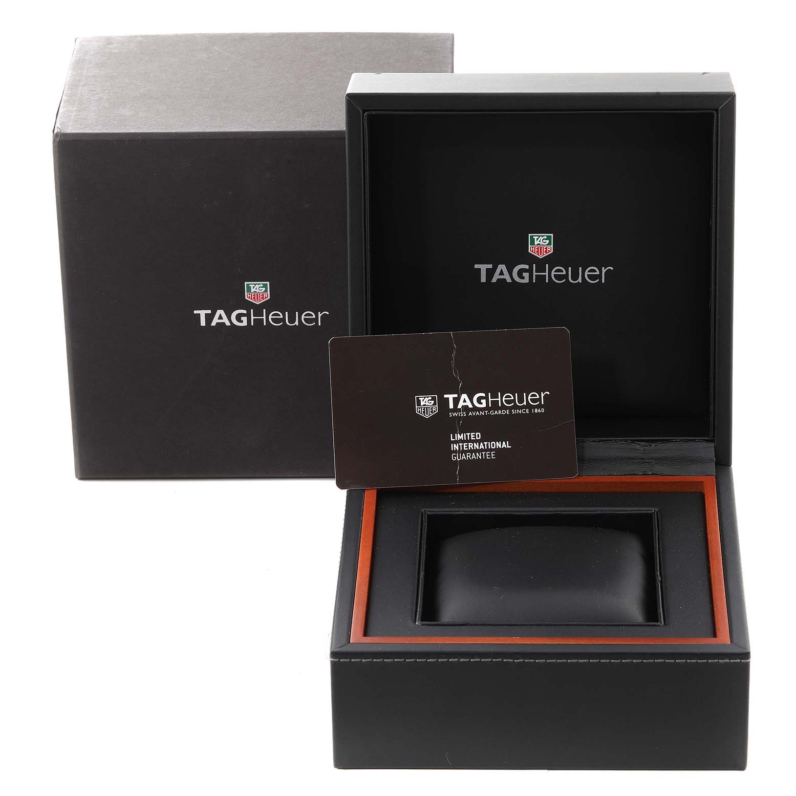 This image shows the packaging box and limited international guarantee card for a Tag Heuer Carrera CAR201Z.BA0714 Men's Stainless Steel Black Dial CAR201Z.BA0714 Men's Stainless Steel Black Dial watch.