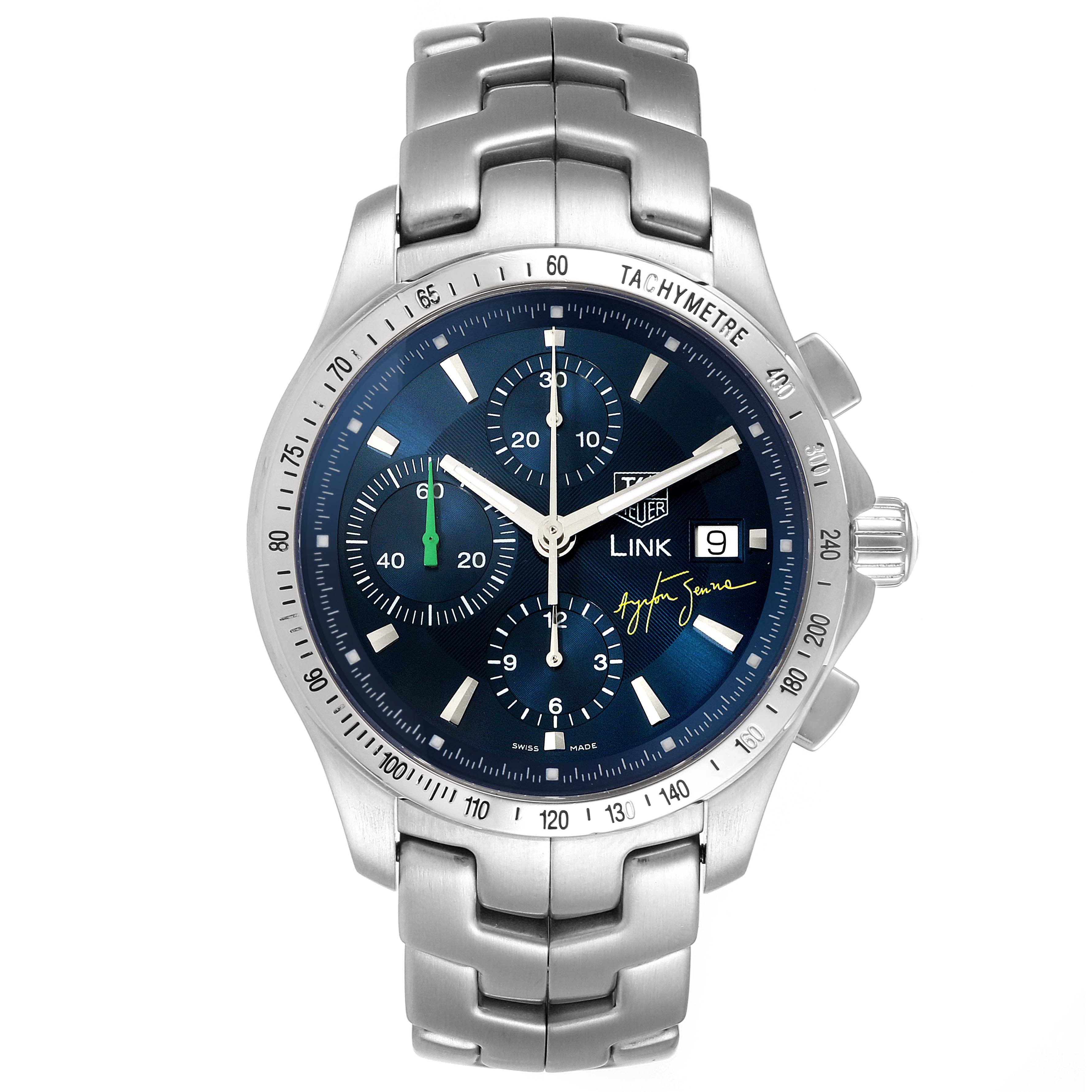 This Tag Heuer Link model watch is shown from the front, displaying its face, bezel, and stainless steel bracelet.