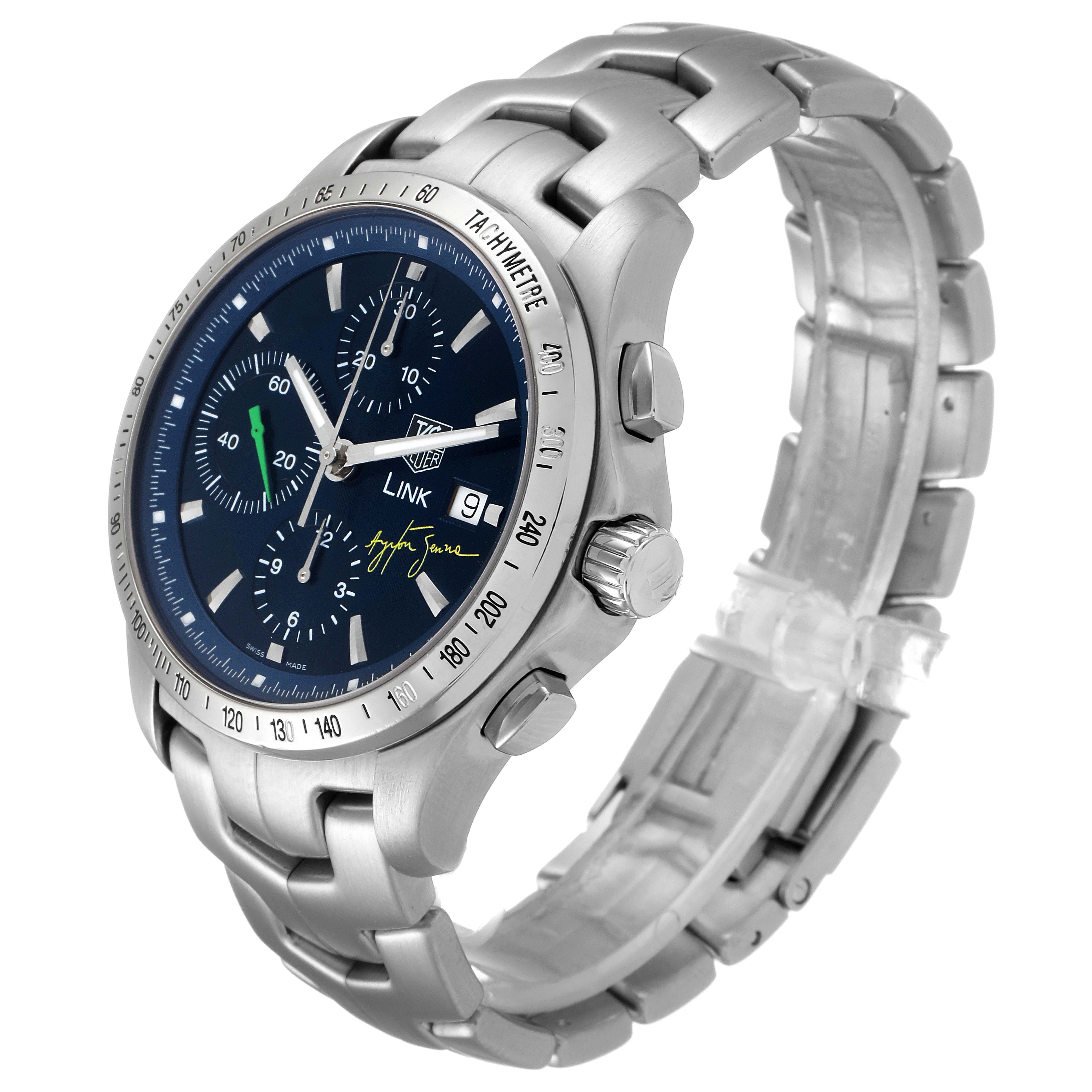 This image shows a Tag Heuer Link model watch from a three-quarter angle, focusing on the dial, bezel, and bracelet.
