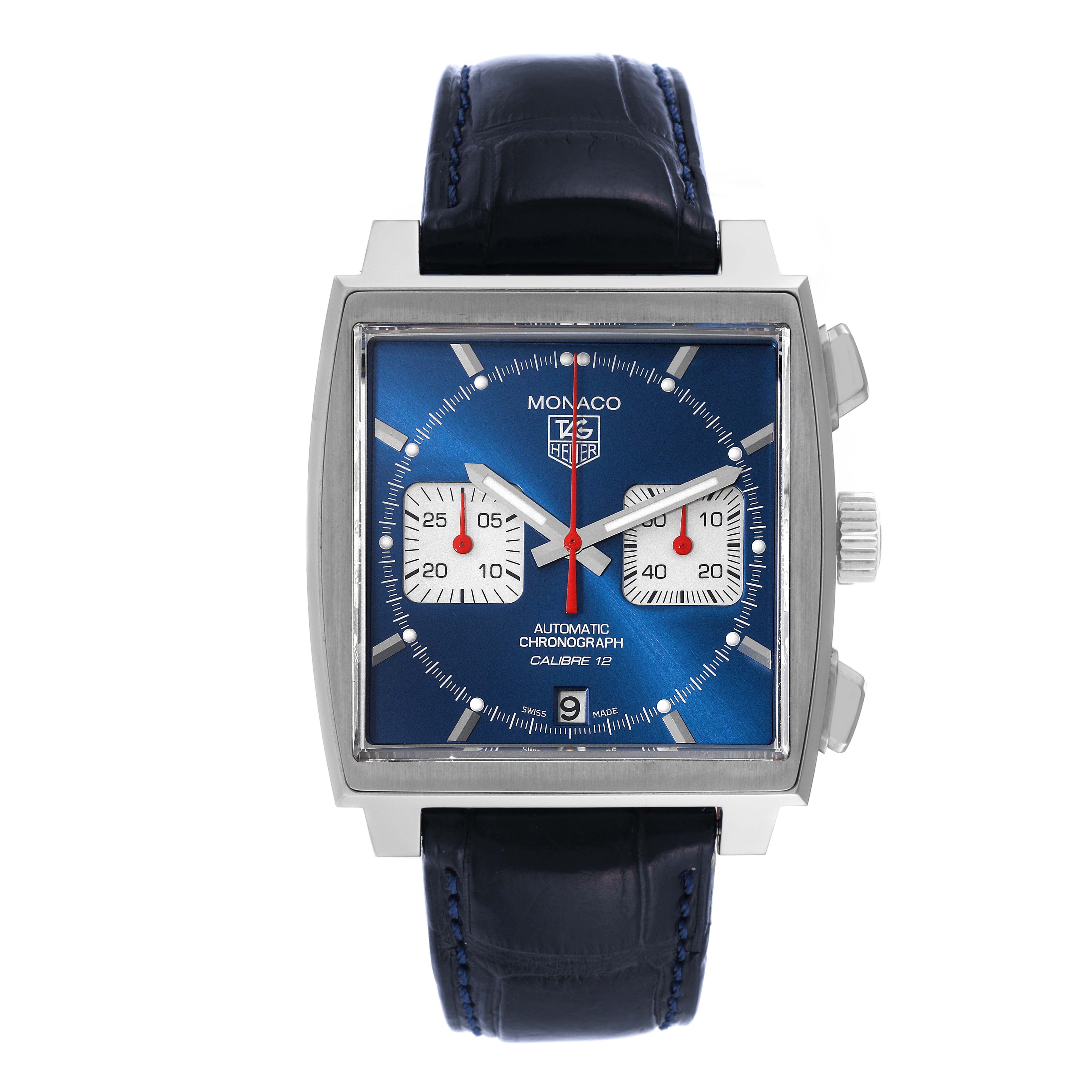 This image shows the front view of a Tag Heuer Monaco CAW2111 Men's Stainless Steel Blue Dial CAW2111 Men's Stainless Steel Blue Dial watch with a blue dial and two subdials, along with a black leather strap.