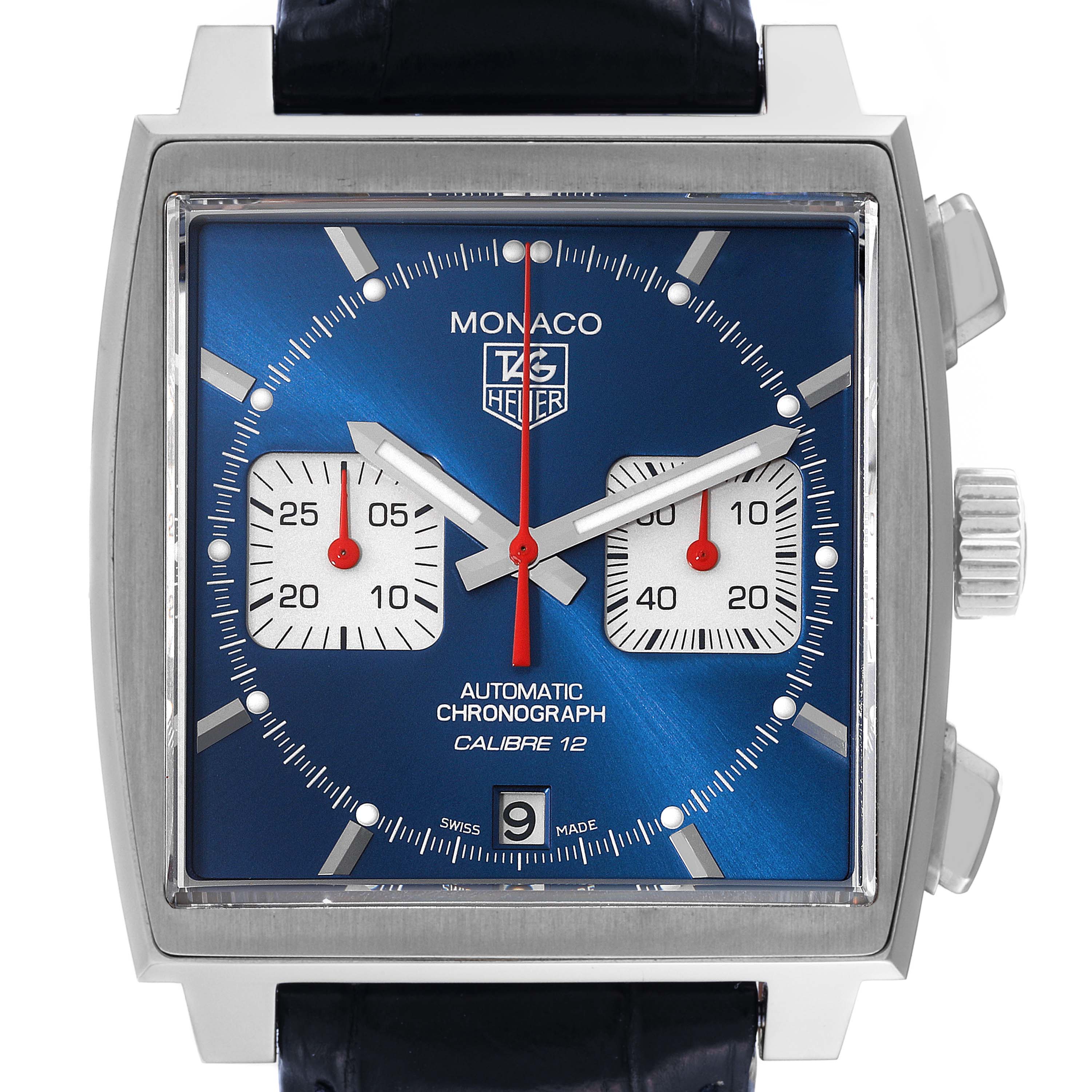 This image shows a direct front view of a Tag Heuer Monaco CAW2111 Men's Stainless Steel Blue Dial CAW2111 Men's Stainless Steel Blue Dial watch, highlighting its blue dial, square case, and chronometer functions.