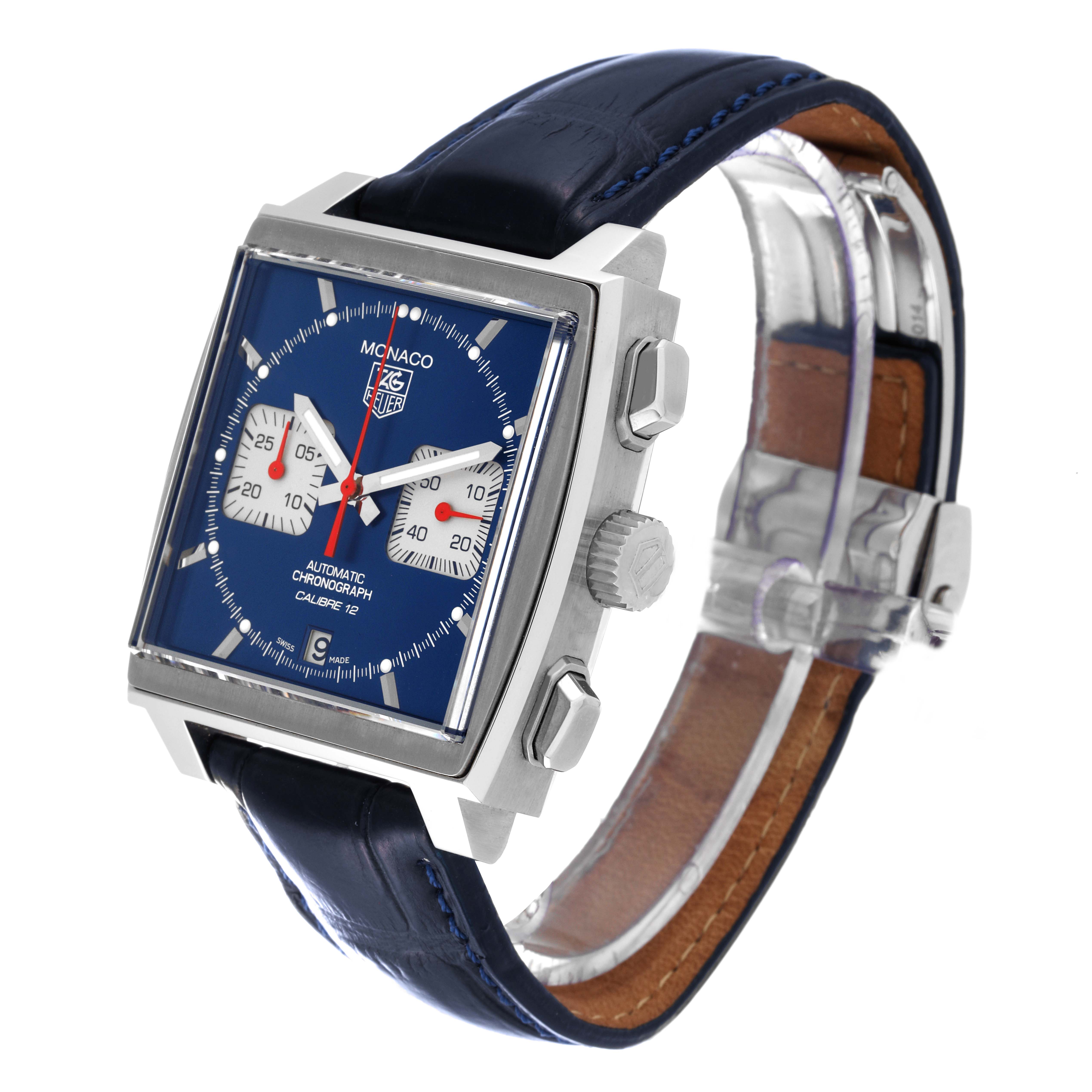 The image shows a Tag Heuer Monaco CAW2111 Men's Stainless Steel Blue Dial CAW2111 Men's Stainless Steel Blue Dial watch at a three-quarter angle, displaying its dial, case, and leather strap.