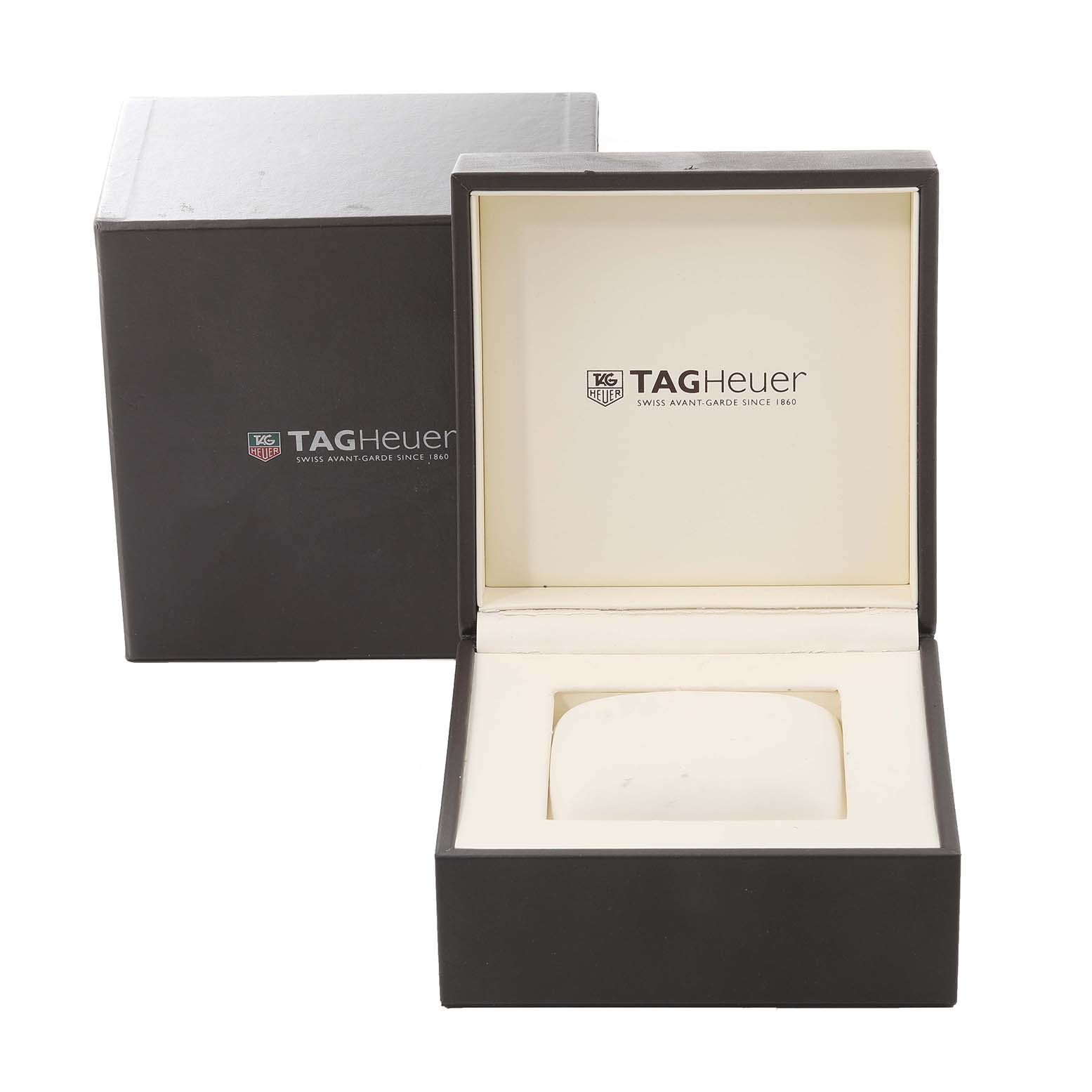 The image shows an open Tag Heuer Monaco CAW2111 Men's Stainless Steel Blue Dial CAW2111 Men's Stainless Steel Blue Dial watch box and an outer box, both branded with the TAG Heuer logo.