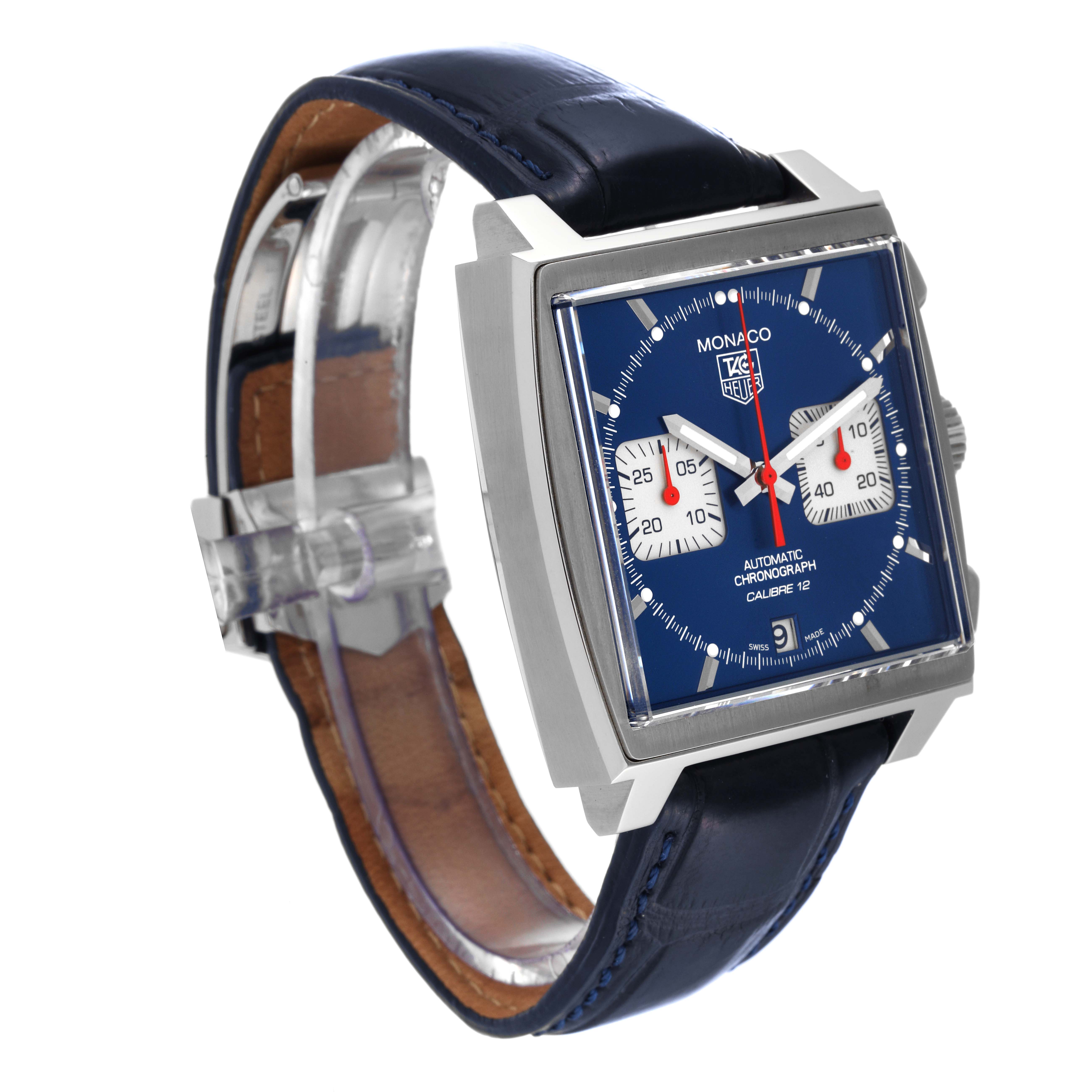 The image shows the Tag Heuer Monaco CAW2111 Men's Stainless Steel Blue Dial CAW2111 Men's Stainless Steel Blue Dial watch at an angled front view, displaying its square face, chronograph dials, and leather strap.