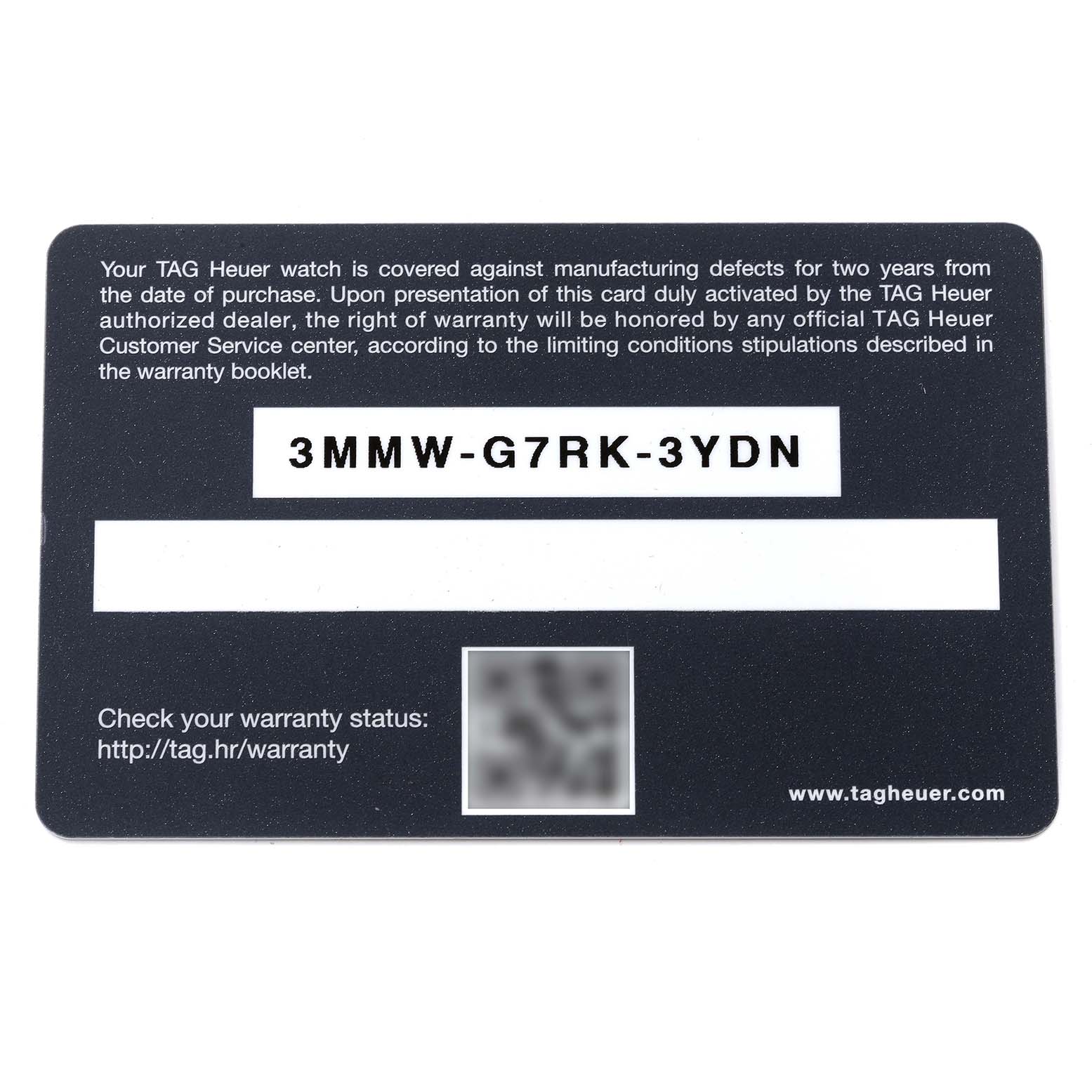 The image shows a Tag Heuer Monaco CAW211R.FC6401 Men's Stainless Steel Blue Dial CAW211R.FC6401 Men's Stainless Steel Blue Dial model warranty card with the text and codes.