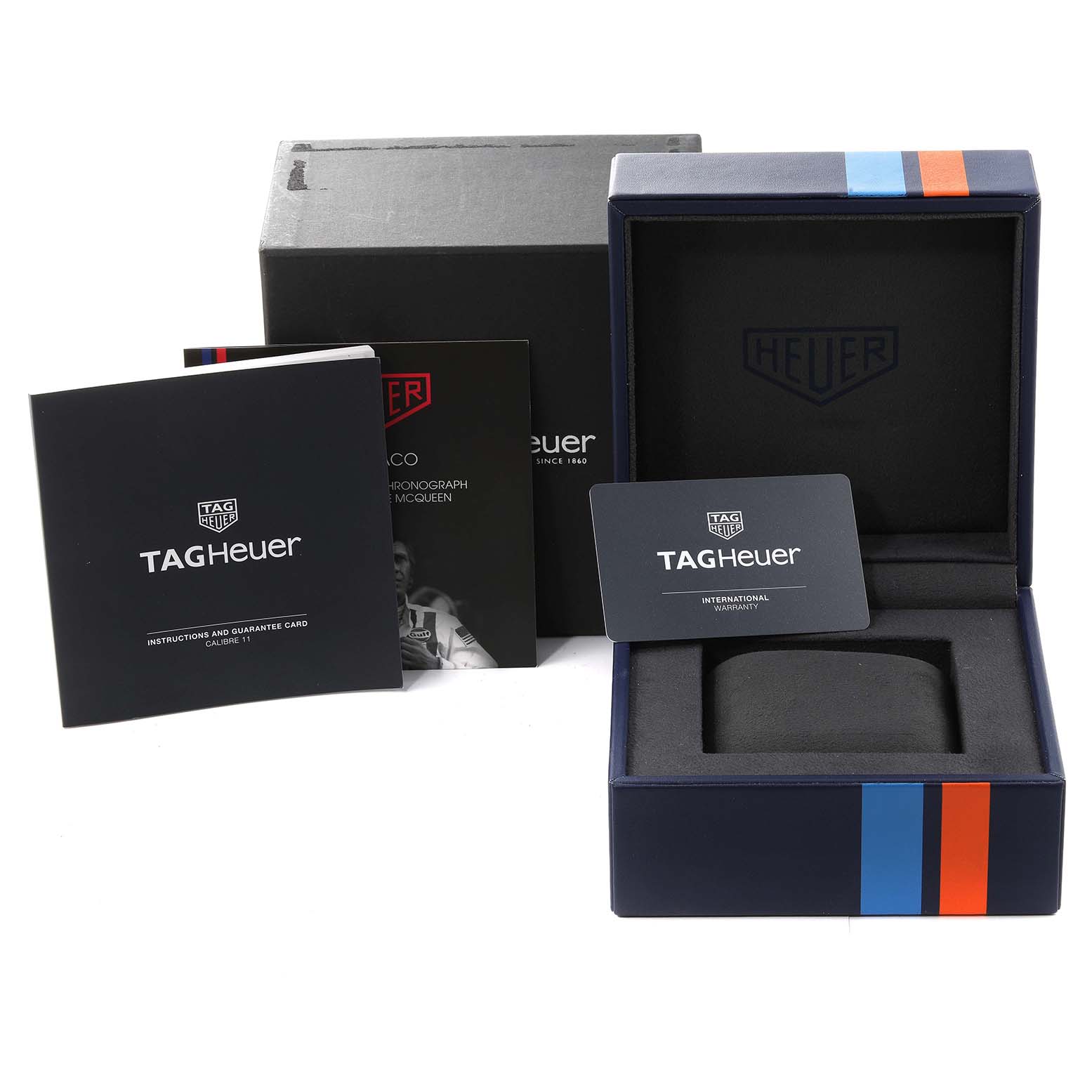 The image shows the box, booklets, and warranty card for a Tag Heuer Monaco CAW211R.FC6401 Men's Stainless Steel Blue Dial CAW211R.FC6401 Men's Stainless Steel Blue Dial watch.