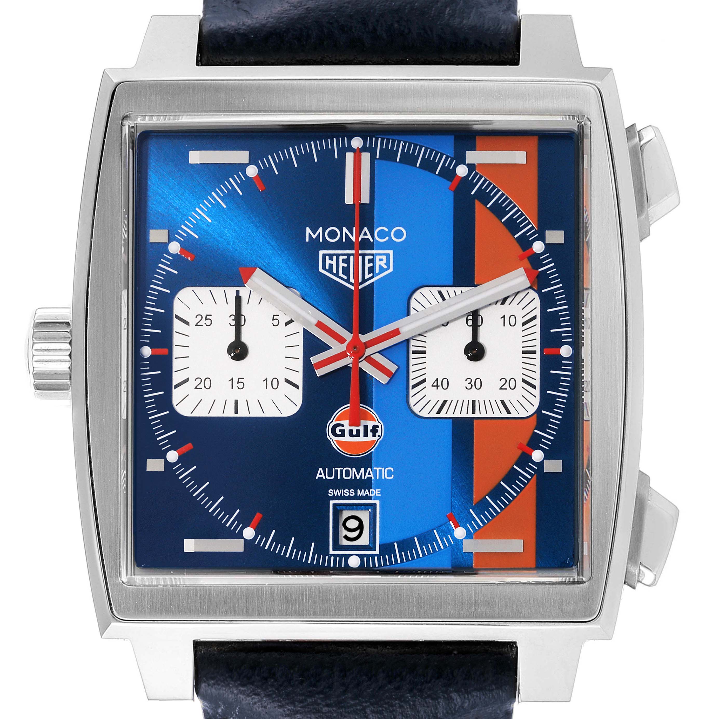 The image shows a front view of a Tag Heuer Monaco CAW211R.FC6401 Men's Stainless Steel Blue Dial CAW211R.FC6401 Men's Stainless Steel Blue Dial watch with its face, subdials, and date window visible.
