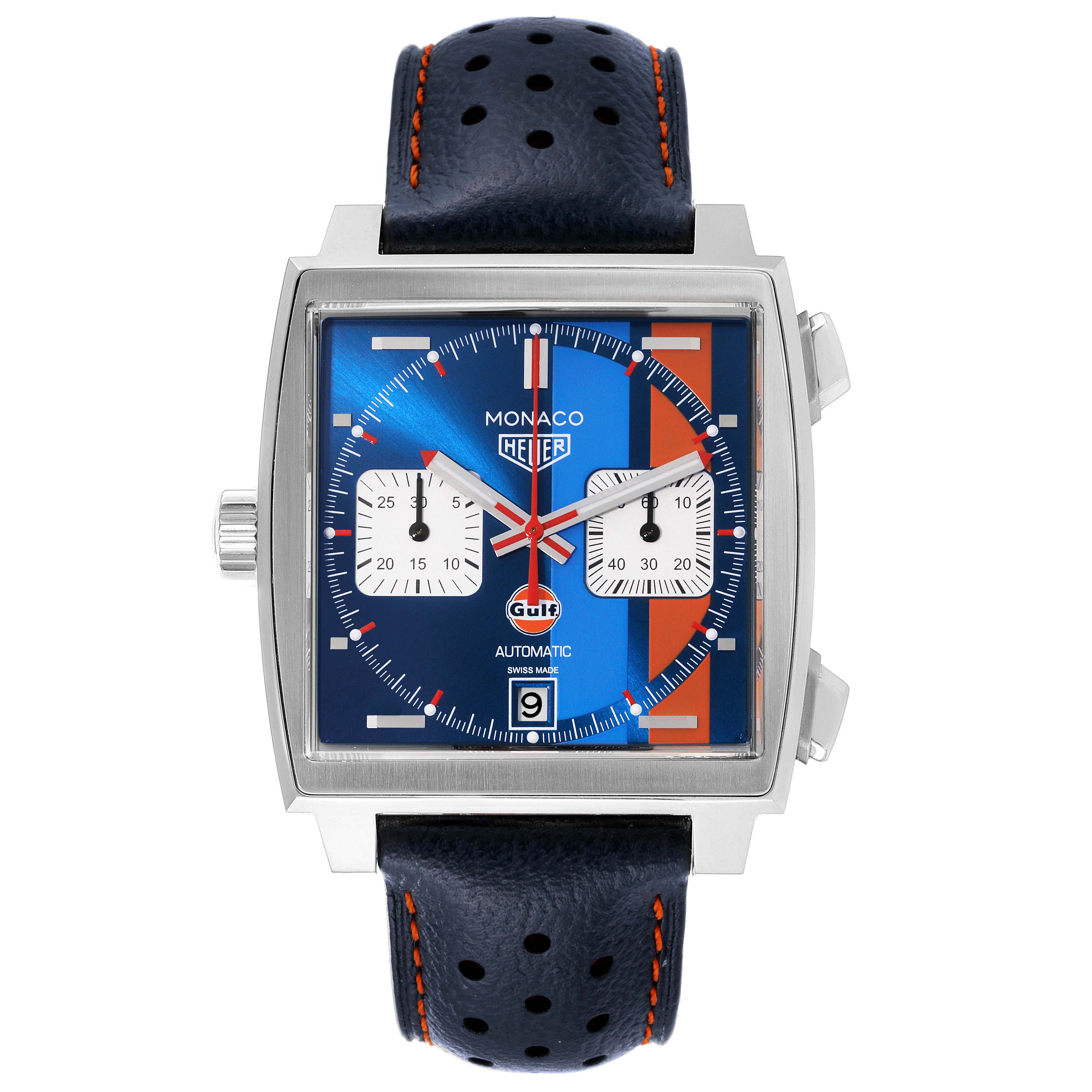 The image shows a frontal view of a Tag Heuer Monaco CAW211R.FC6401 Men's Stainless Steel Blue Dial CAW211R.FC6401 Men's Stainless Steel Blue Dial watch, featuring its face, dial, and strap.