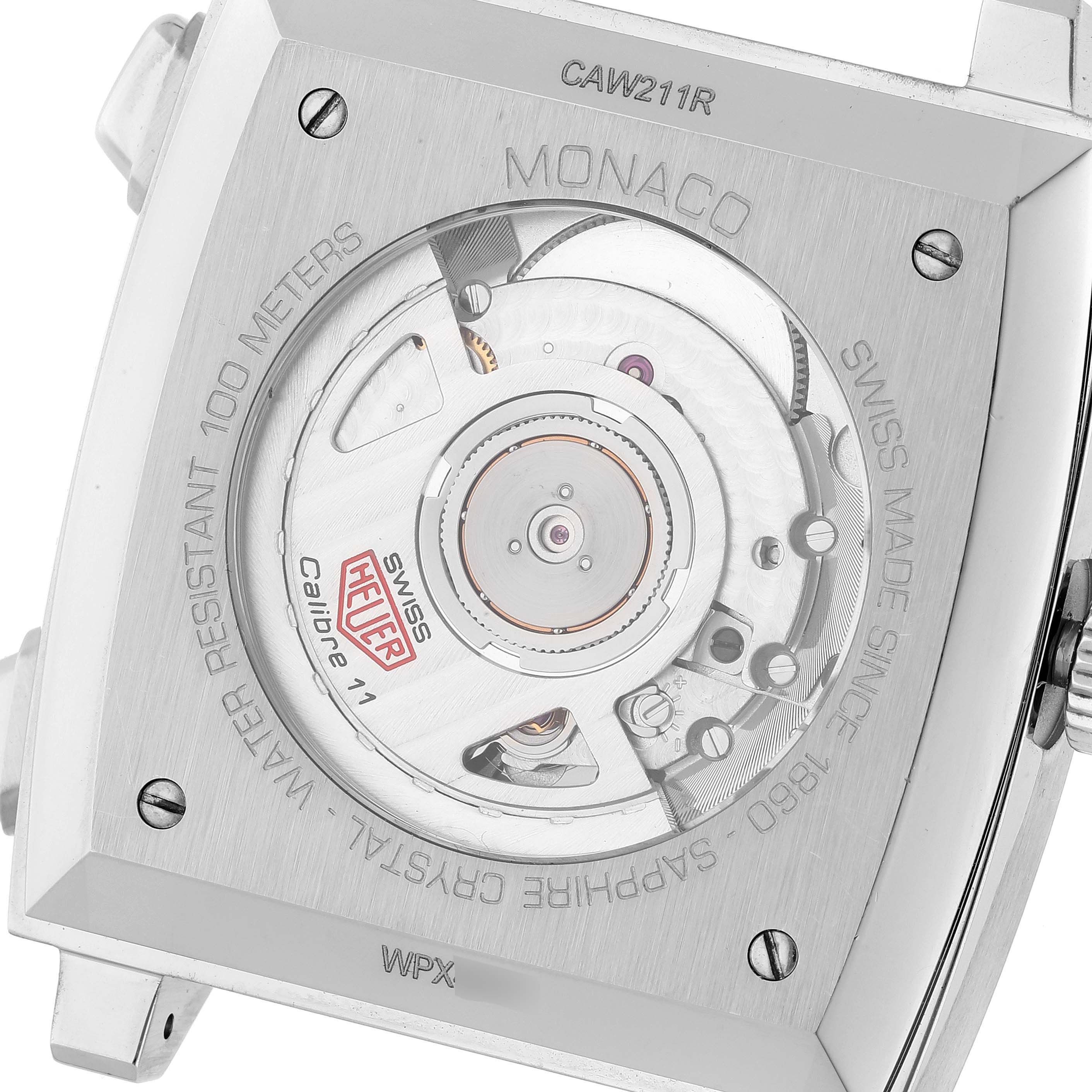 The image shows the back case and movement of the Tag Heuer Monaco CAW211R.FC6401 Men's Stainless Steel Blue Dial CAW211R.FC6401 Men's Stainless Steel Blue Dial watch model, focusing on the Calibre 11 mechanism.