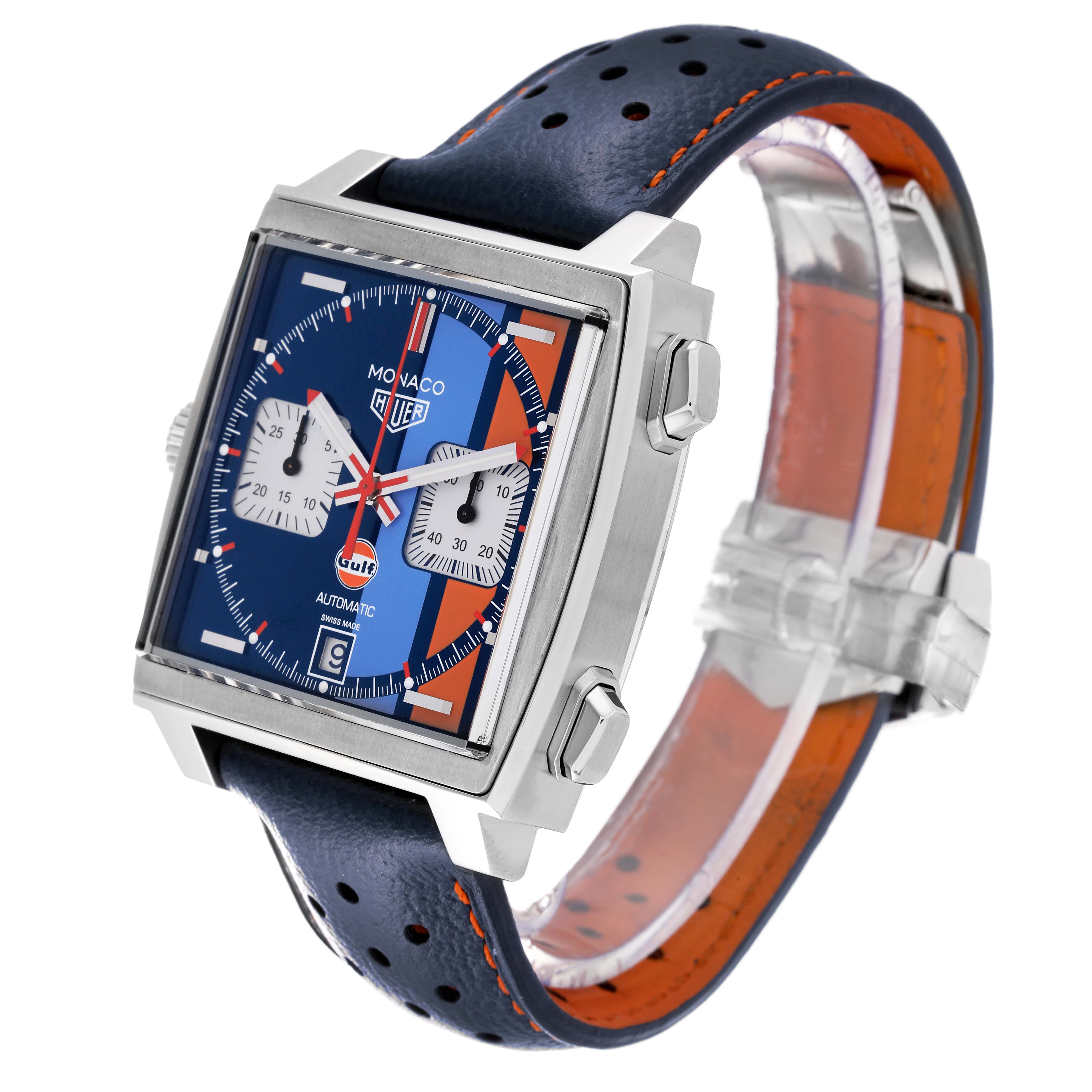 The image shows an angled view of the Tag Heuer Monaco CAW211R.FC6401 Men's Stainless Steel Blue Dial CAW211R.FC6401 Men's Stainless Steel Blue Dial watch, highlighting its square face, buttons, and the blue leather strap.