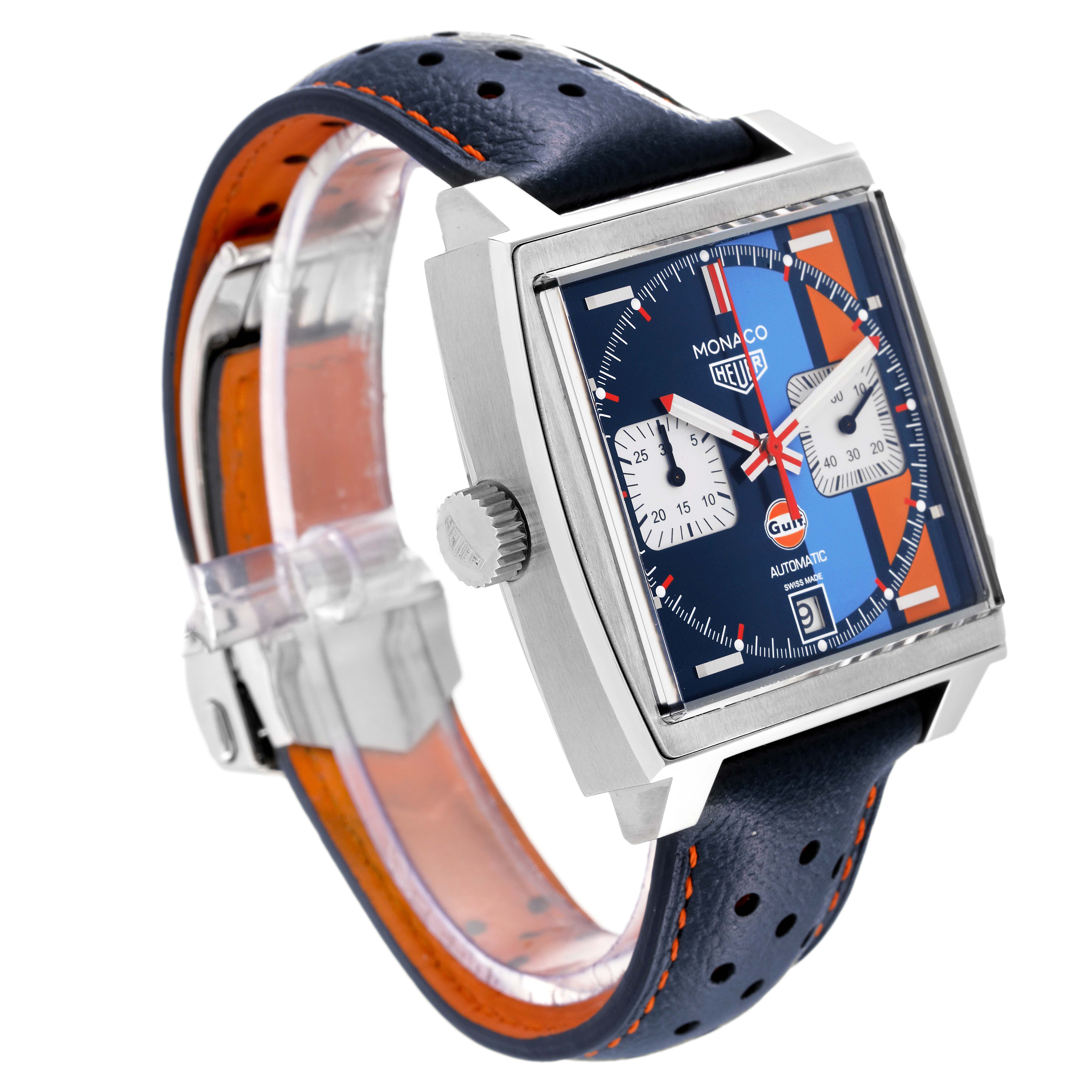 The image shows a side view angle of a Tag Heuer Monaco CAW211R.FC6401 Men's Stainless Steel Blue Dial CAW211R.FC6401 Men's Stainless Steel Blue Dial watch, highlighting the face, crown, and strap.