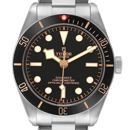 The watch is shown from the front, displaying the dial and bezel of the Tudor Heritage Black Bay M79030N-0001 Men's Stainless Steel Black Dial model.