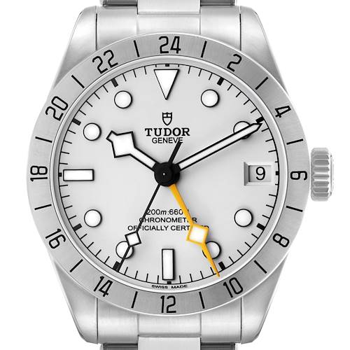 The Tudor Heritage Black Bay M79470-0004 Men's Stainless Steel White Dial watch is shown from the front, displaying the dial, bezel, hands, crown, and part of the bracelet.