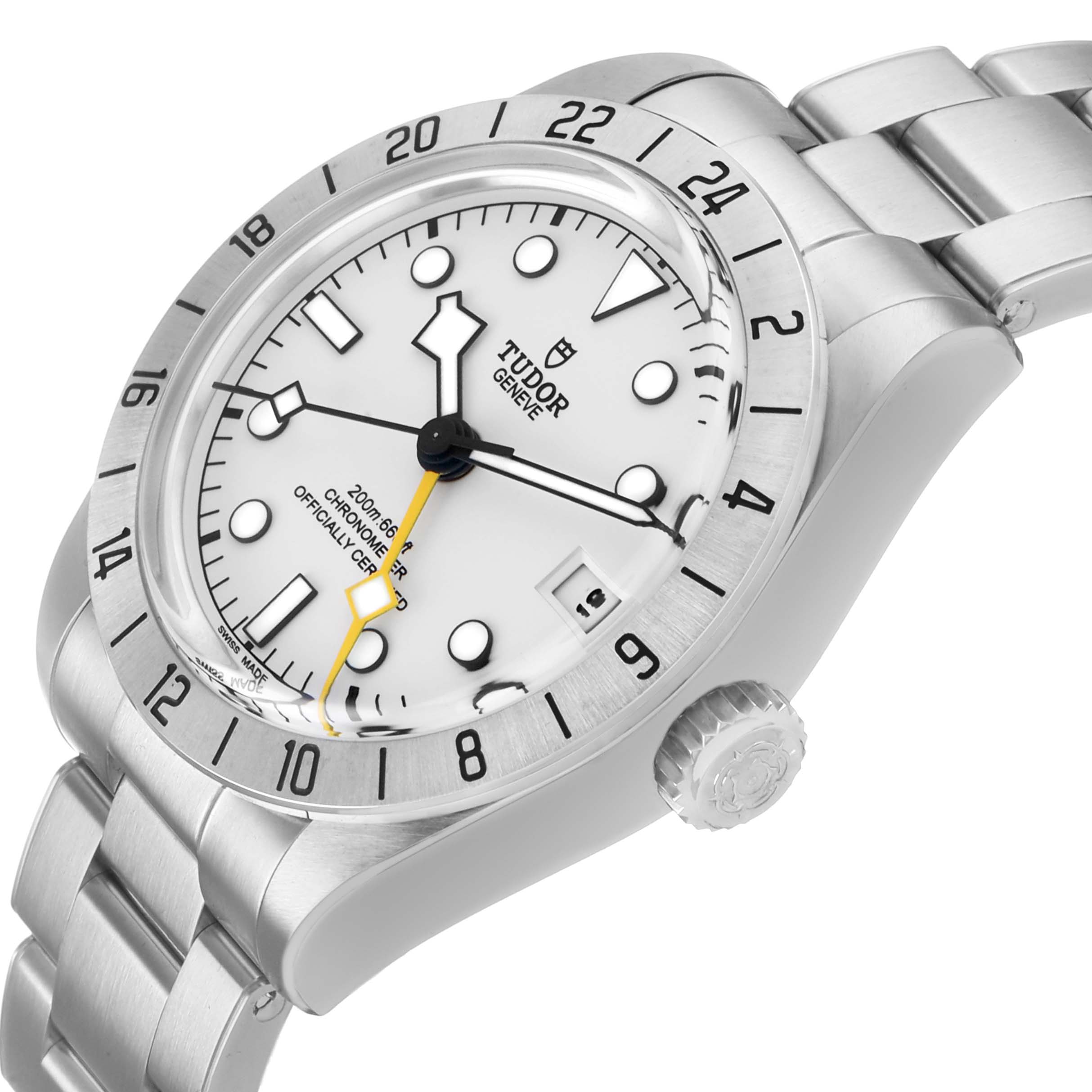 The Tudor Heritage Black Bay M79470-0004 Men's Stainless Steel White Dial watch is shown at a three-quarter angle, highlighting the face, bezel, crown, and bracelet.