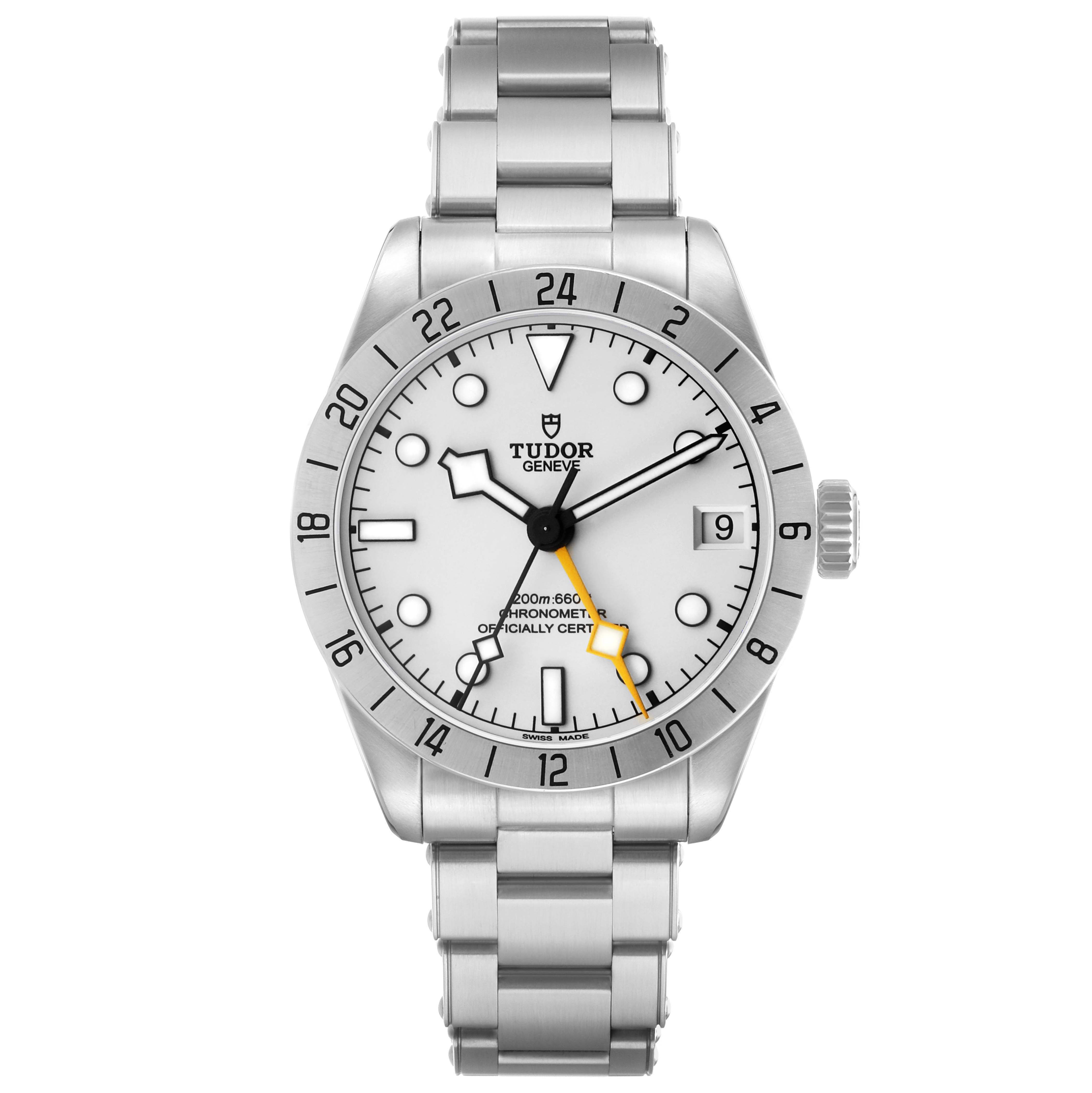 The Tudor Heritage Black Bay M79470-0004 Men's Stainless Steel White Dial watch is shown from the front, displaying its dial, bezel, bracelet, and crown.