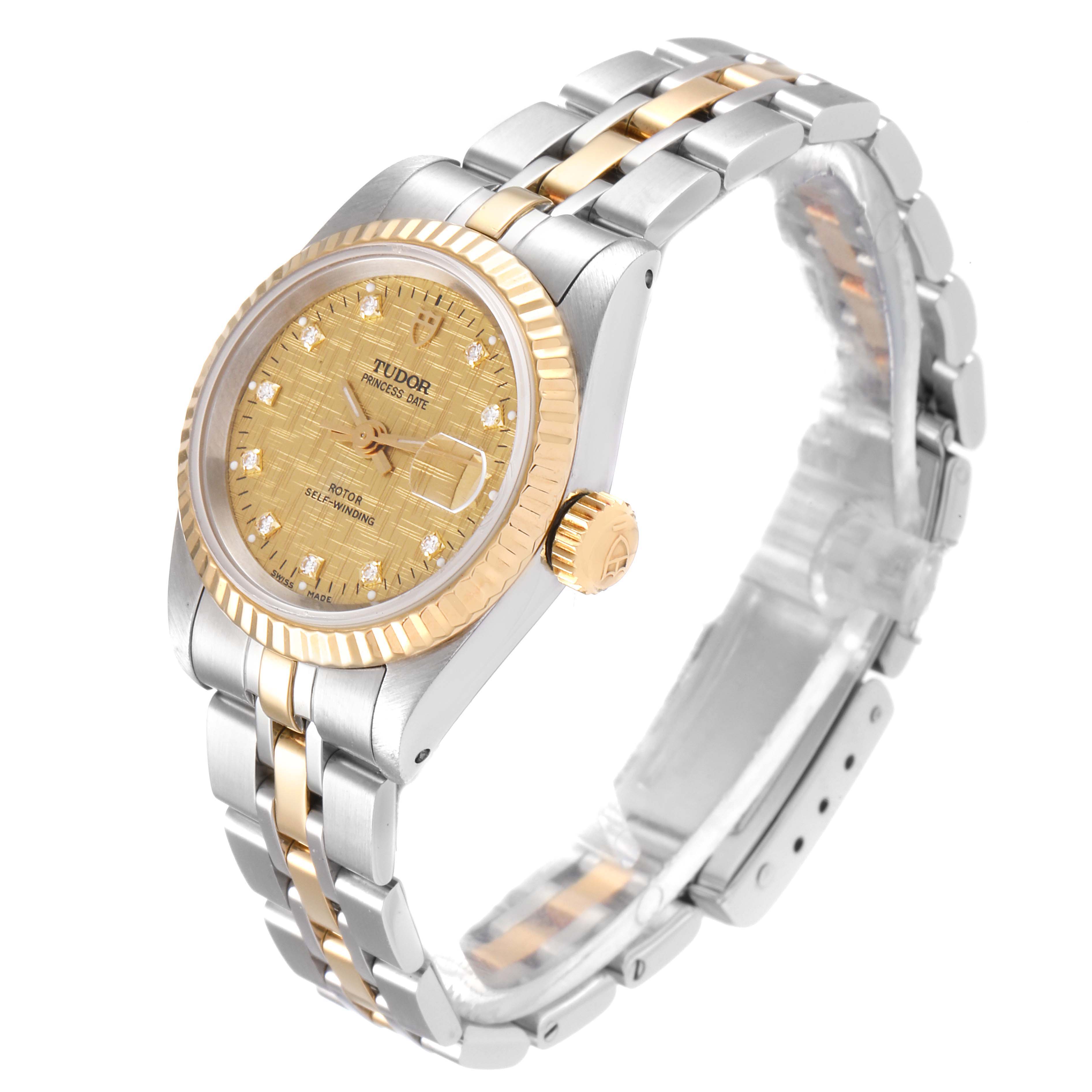The Tudor Princess 92413 Women's Steel and Gold (two tone) Champagne Dial 92413 Women's Steel and Gold (two tone) Champagne Dial model watch is shown at a three-quarter angle, displaying the dial, bezel, crown, and band.