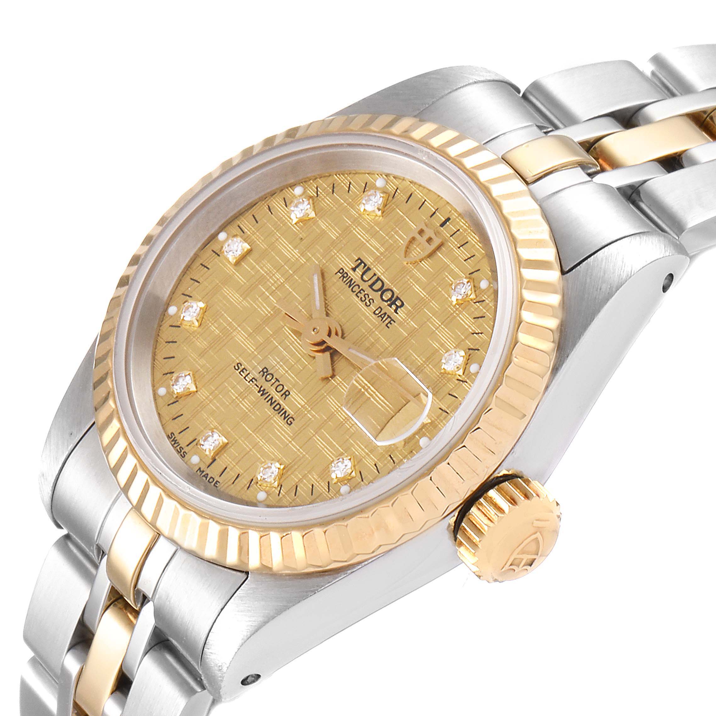 The image shows a close-up, angled view of the Tudor Princess 92413 Women's Steel and Gold (two tone) Champagne Dial 92413 Women's Steel and Gold (two tone) Champagne Dial watch, highlighting the dial, bezel, crown, and part of the bracelet.