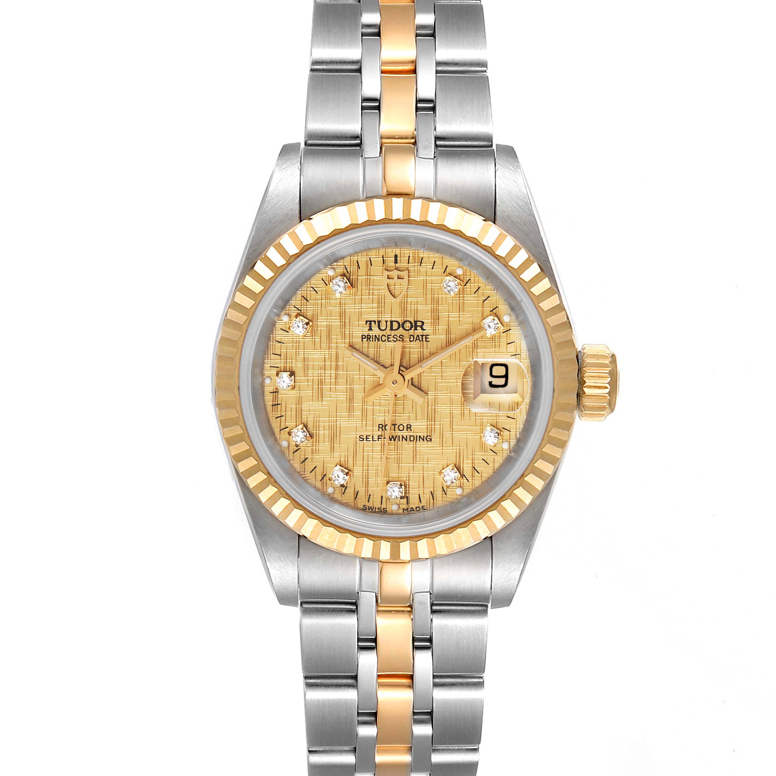 The Tudor Princess 92413 Women's Steel and Gold (two tone) Champagne Dial 92413 Women's Steel and Gold (two tone) Champagne Dial watch is shown from a front angle, highlighting its face, bezel, dial, and full bracelet.